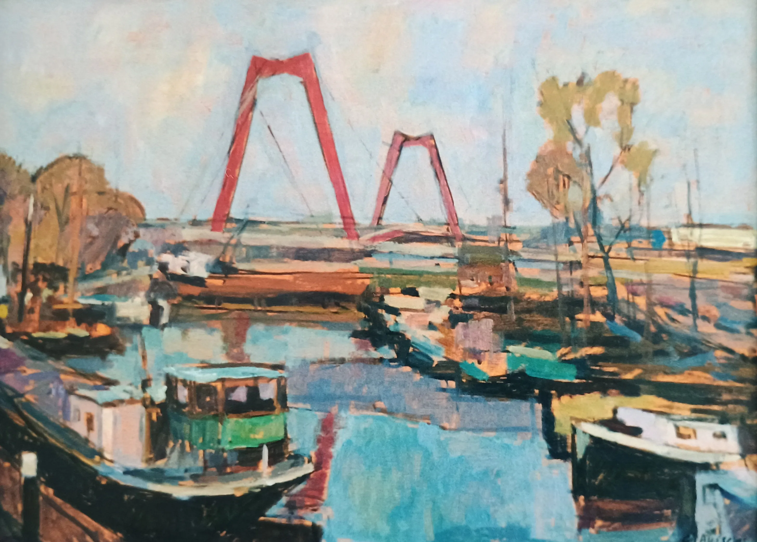 Impressionist painting of a harbor scene with boats on water and two red arch bridges in the background.