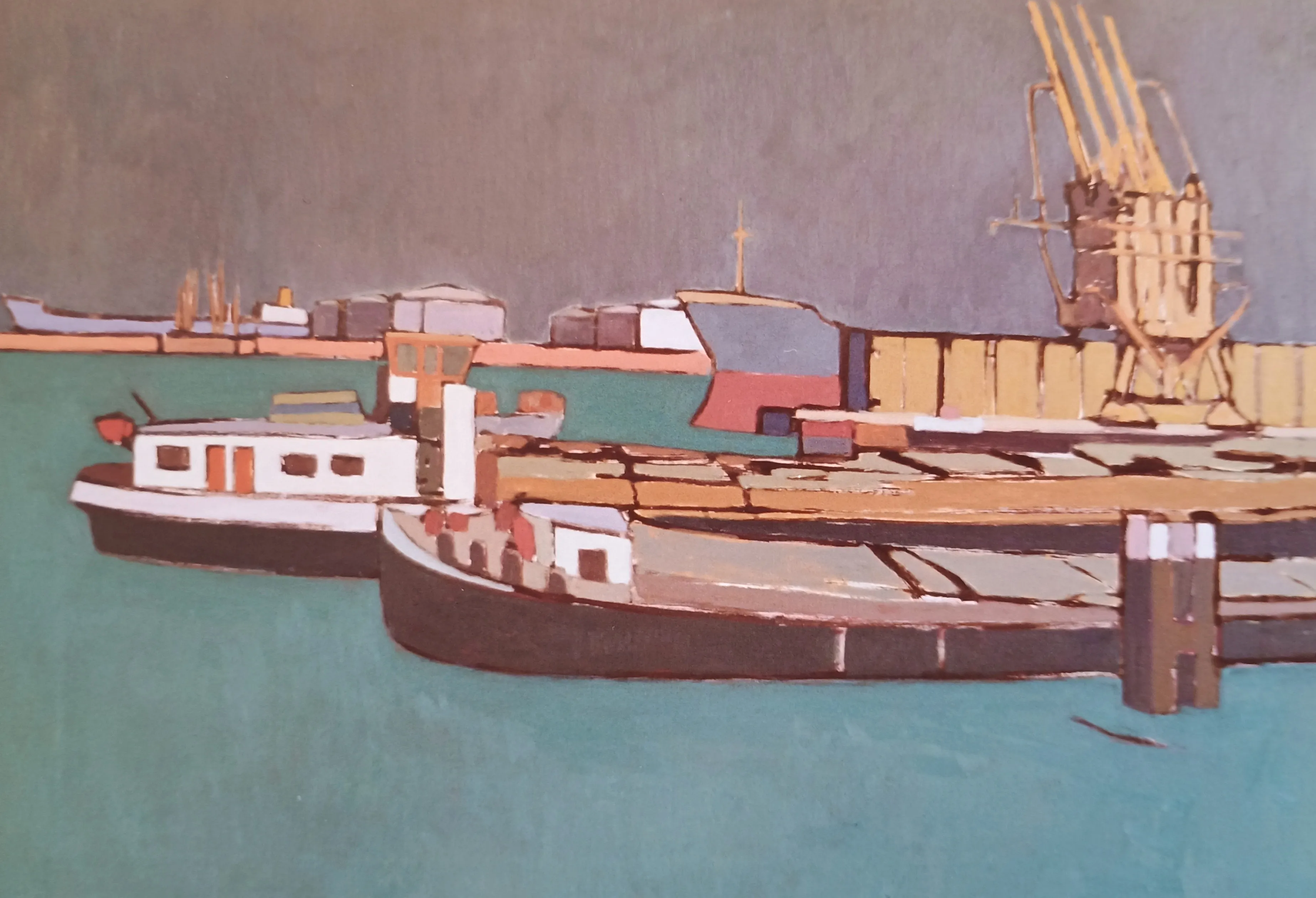 Stylized painting of docked cargo ships and a large crane by a port with muted colors.