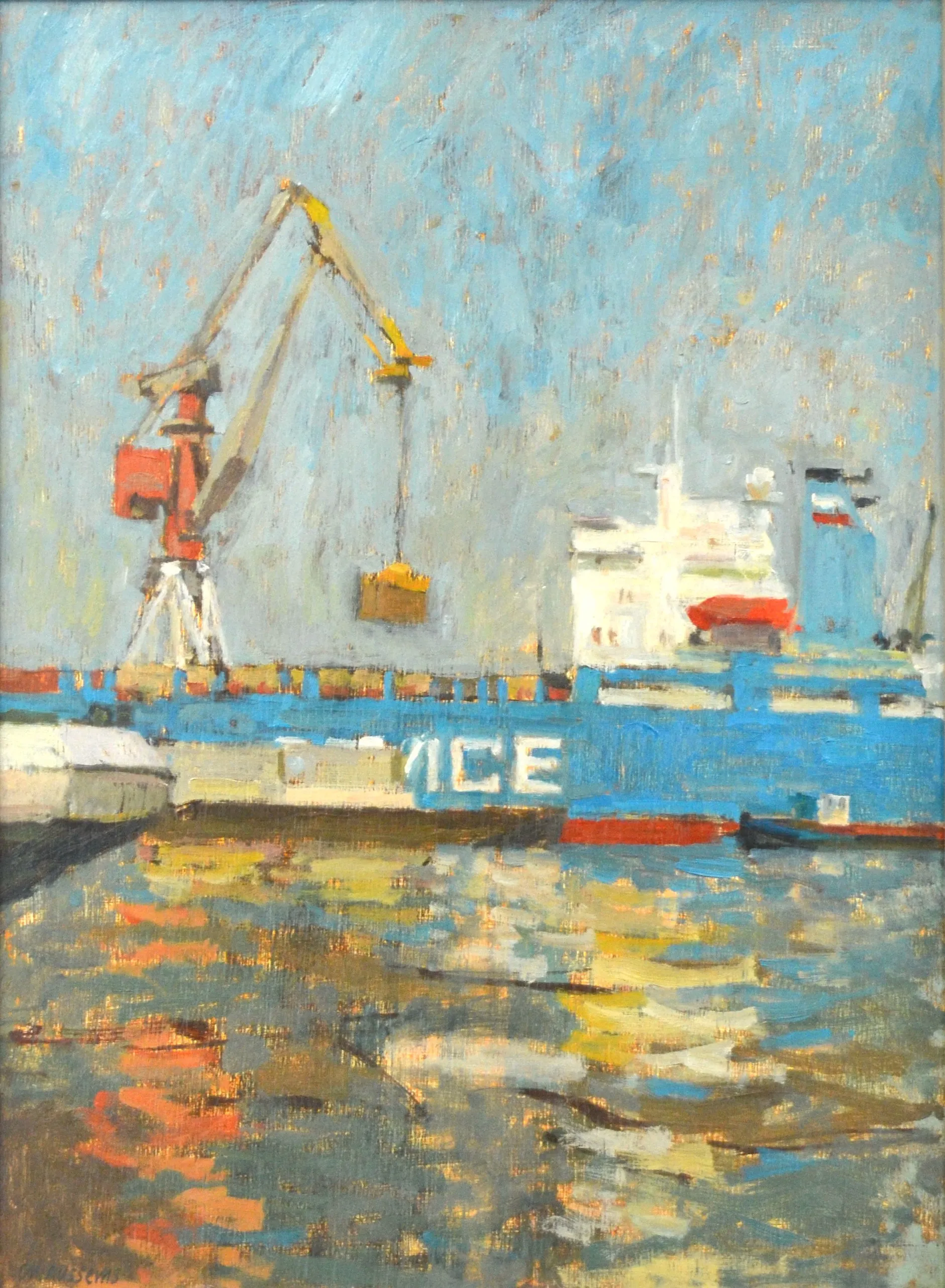 Impressionist painting of a blue cargo ship docked at a port with a crane lifting a container, reflected in the water.