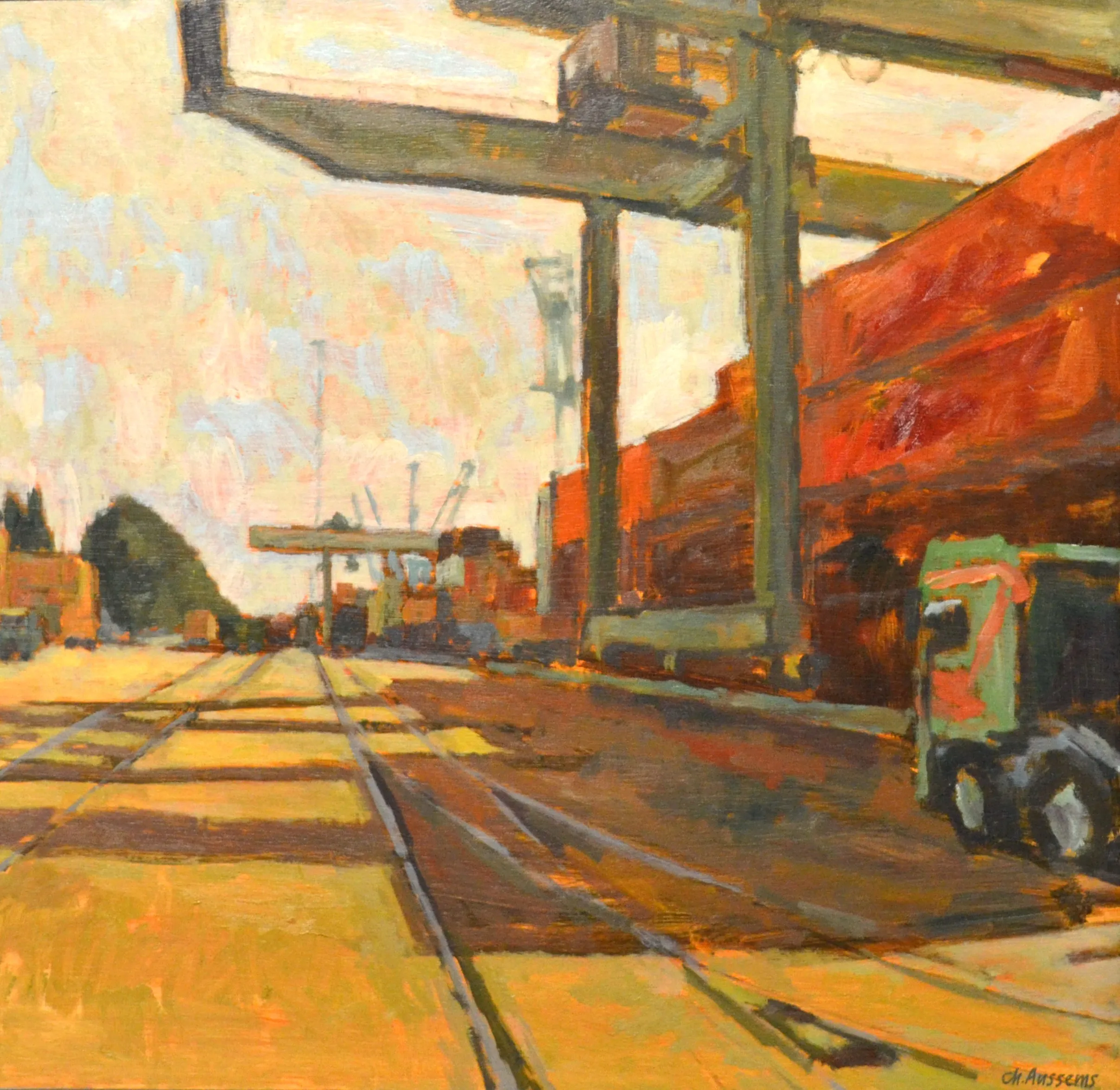 Painting of an industrial shipping yard with railway tracks, large container cranes, stacked red shipping containers, and a truck on the right side.