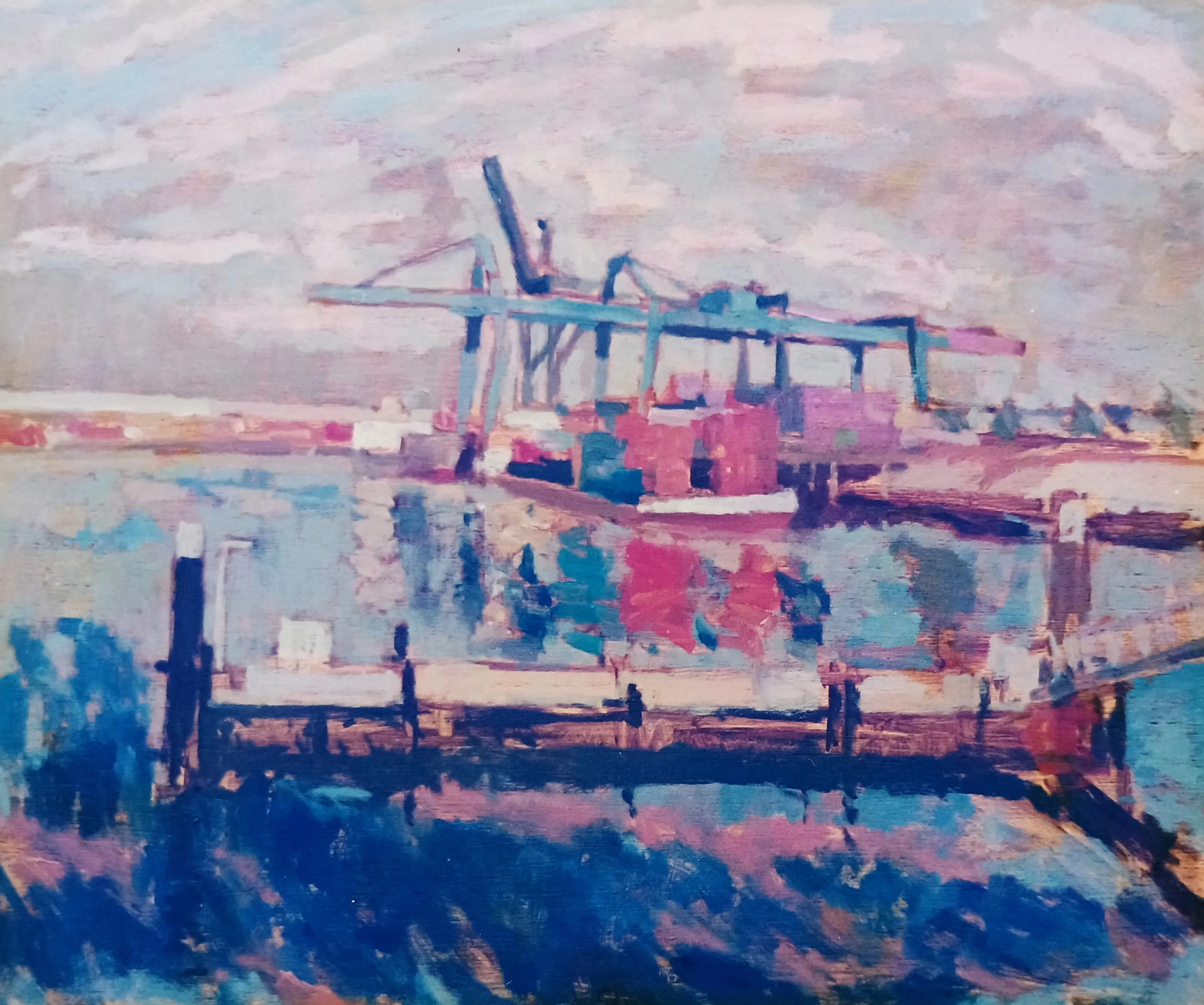 Impressionistic painting of a container terminal with cranes and reflections on the water under a cloudy sky.