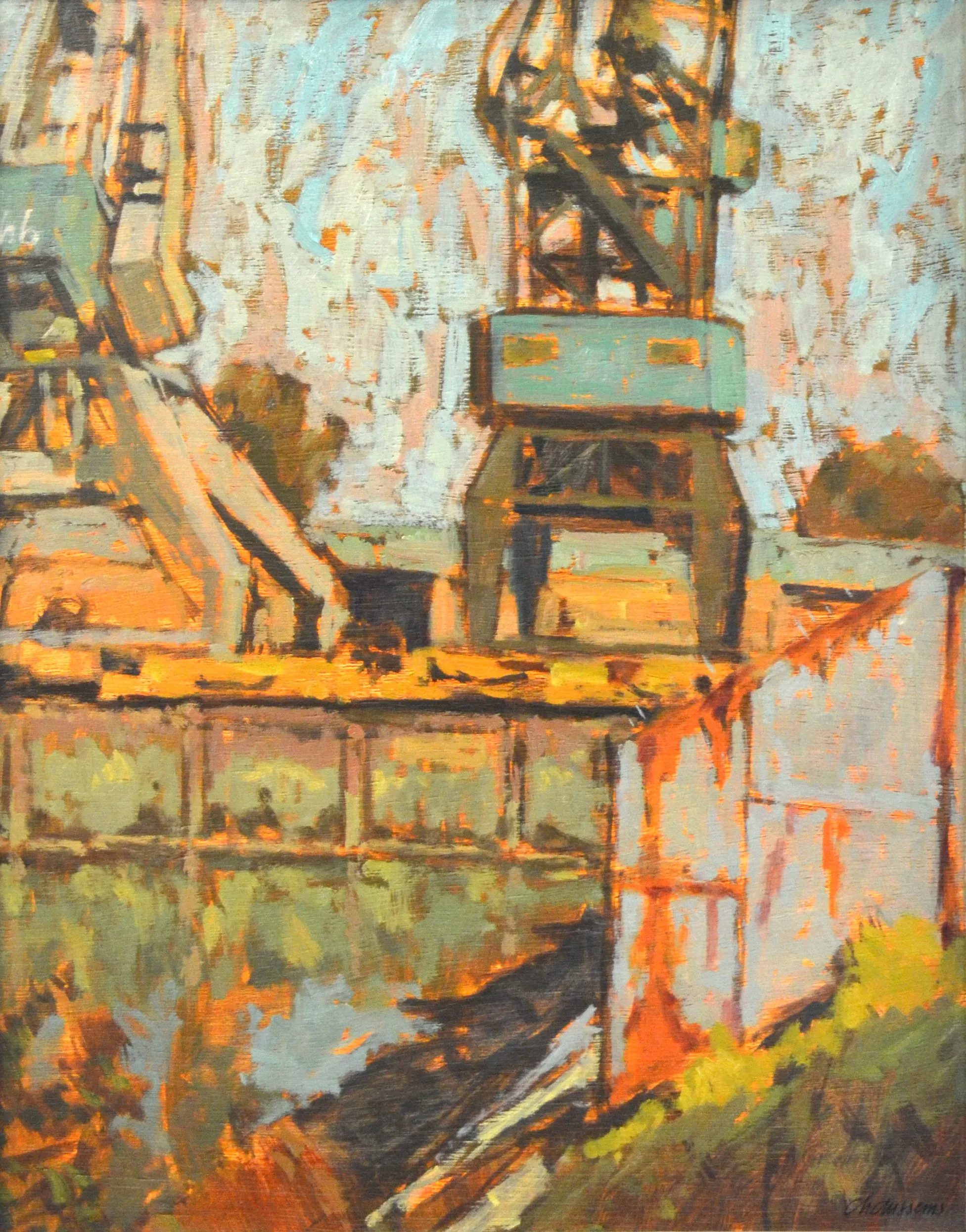 Impressionistic painting of industrial cranes at a harbor with earthy tones and textured brushstrokes.