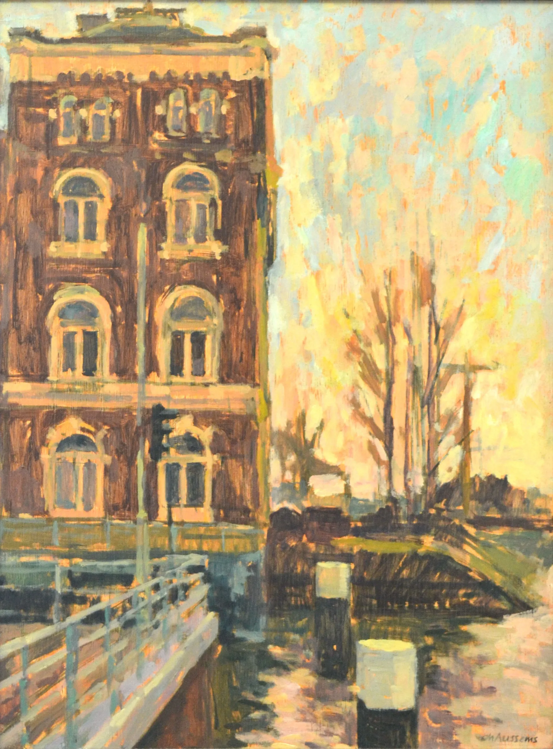 Impressionist painting of a brick building by a waterway with dock posts and leafless trees in soft sunset light.