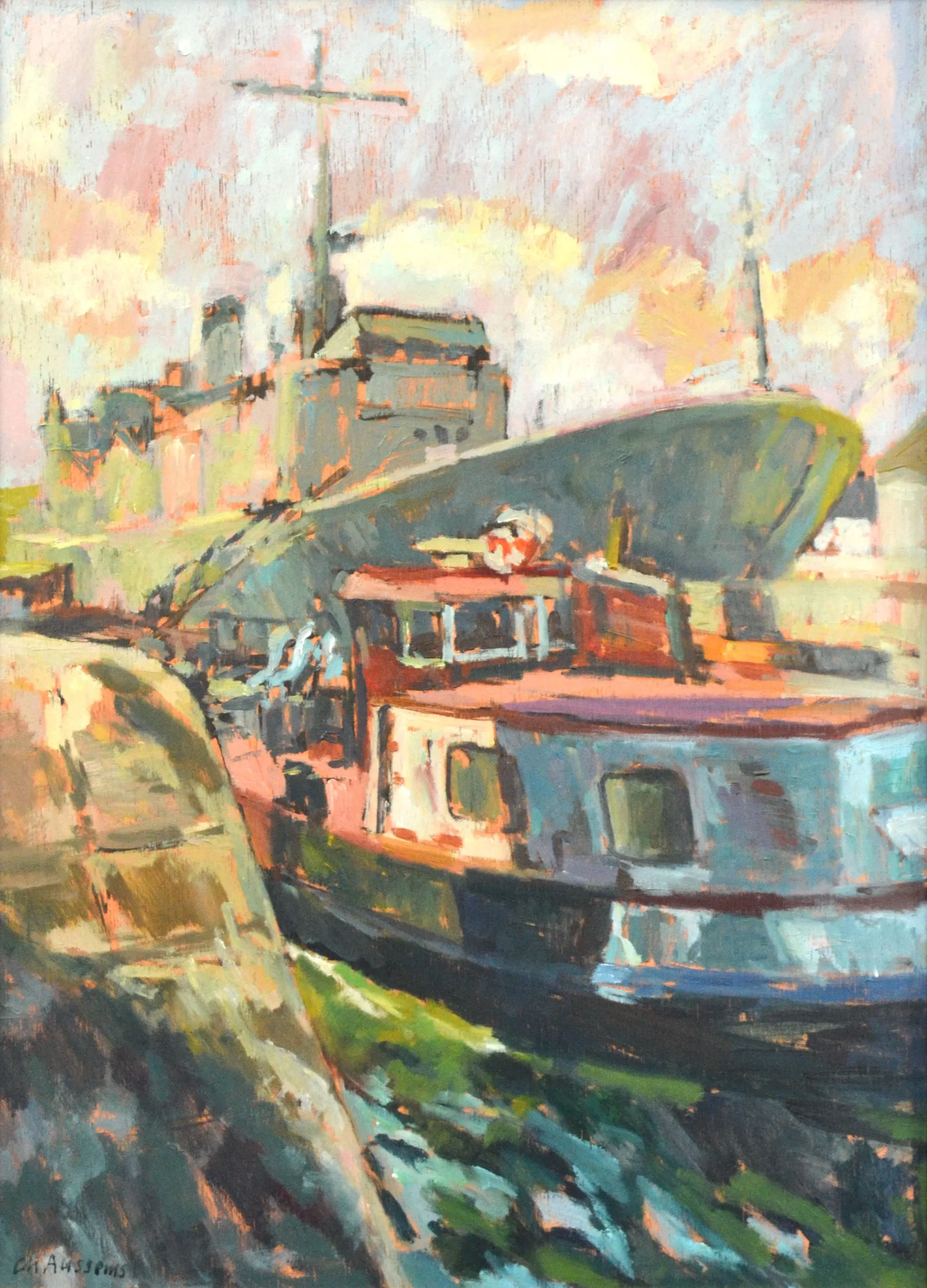 Impressionist painting of docked boats with a large ship in the background and smaller vessel in front under a cloudy sky.