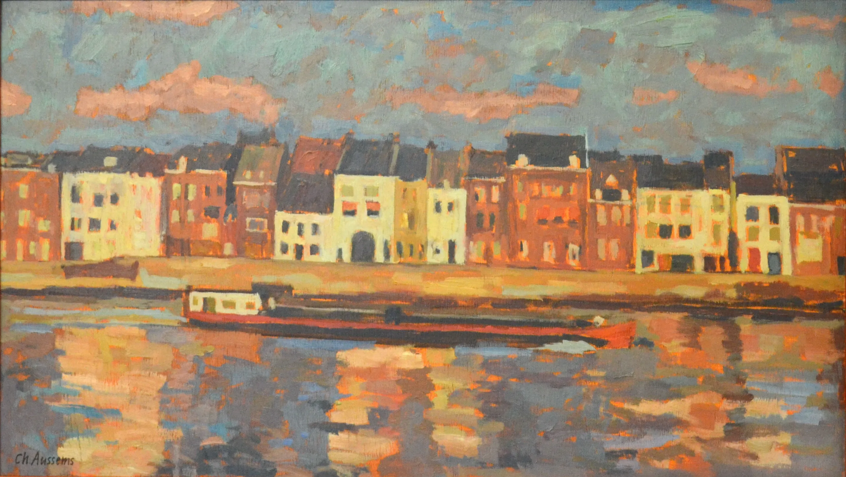 Impressionist painting of colorful row houses along a waterfront with a boat and reflections on the water.