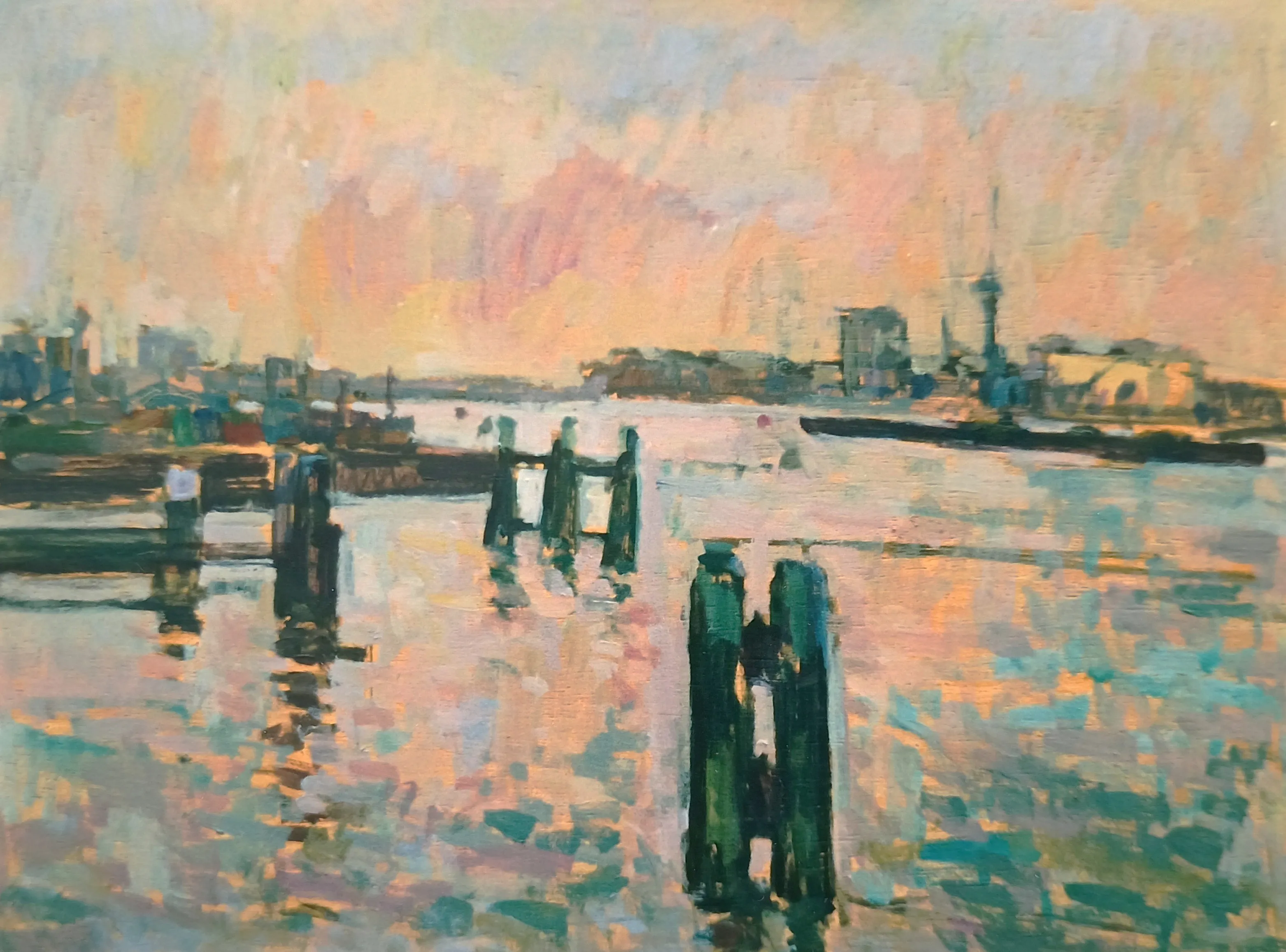 Impressionist painting of a harbor at sunset with wooden piers and reflections on the water.