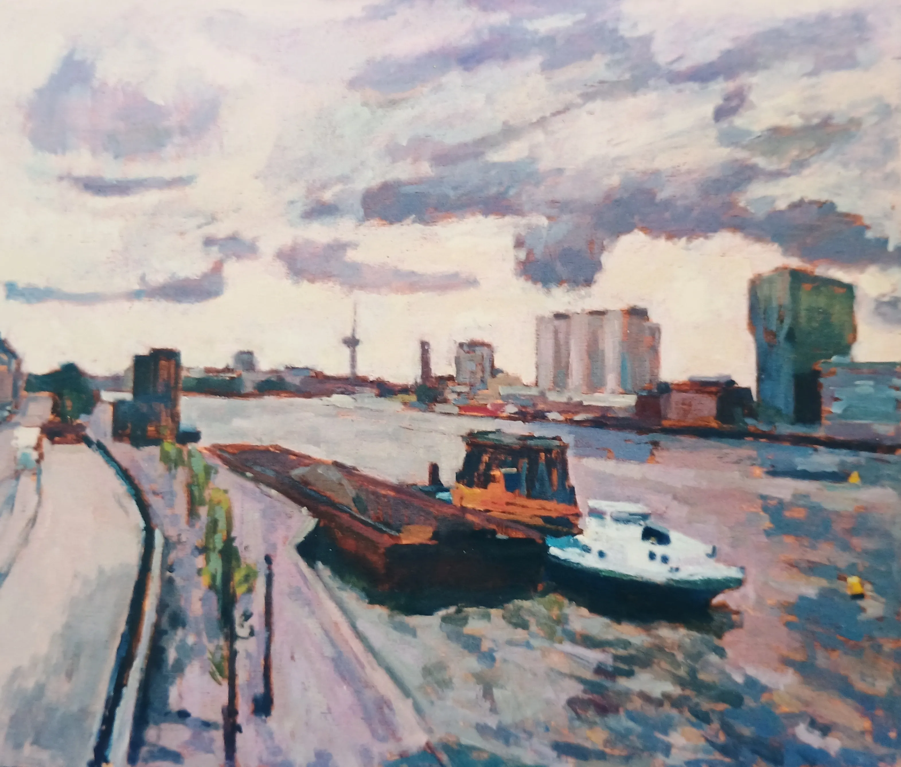 Impressionist painting of a river with boats docked along the waterfront and a city skyline under a cloudy sky.