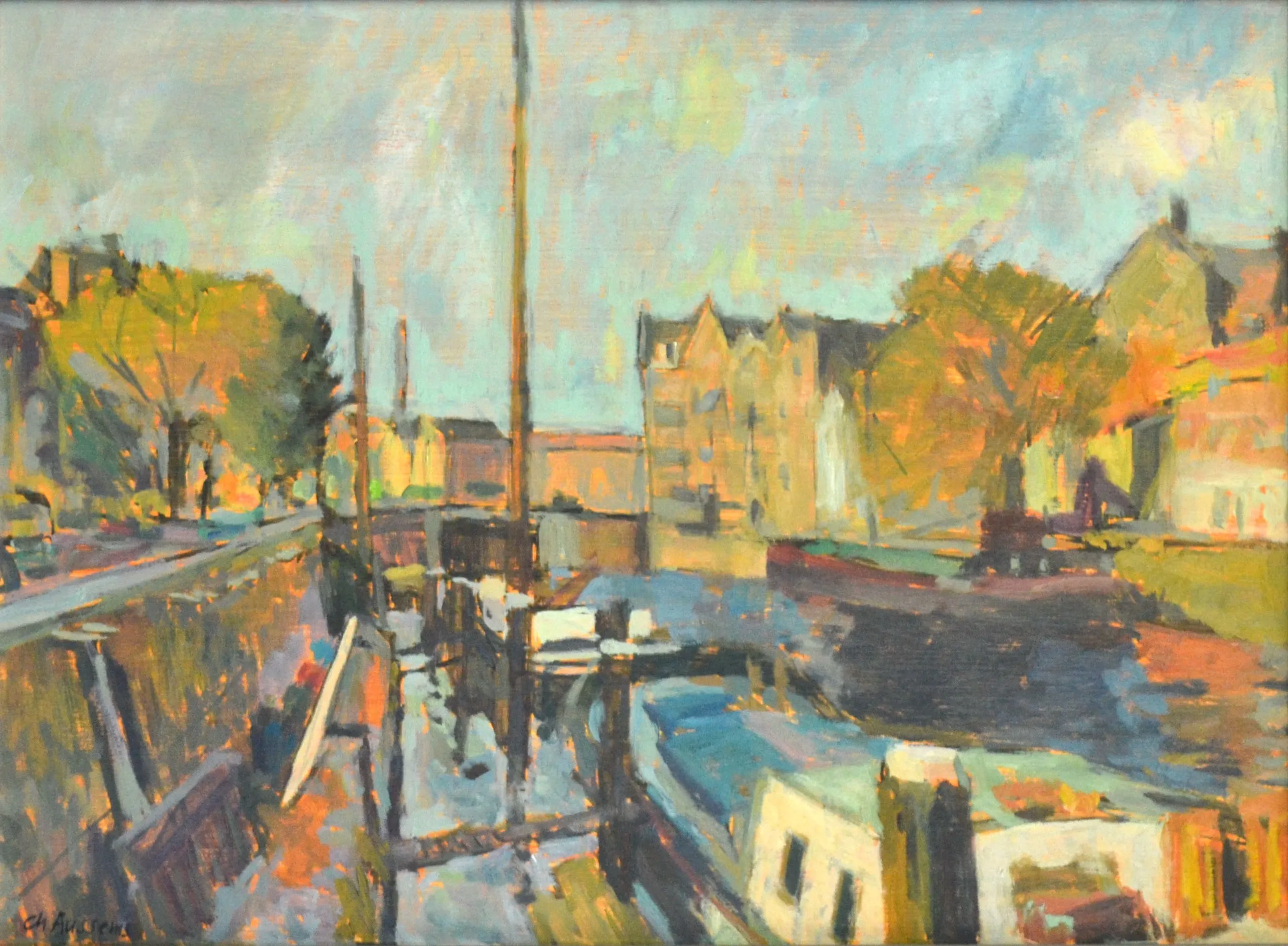 Impressionist painting of a canal scene with moored boats, buildings, and trees reflecting in the water under a cloudy sky.