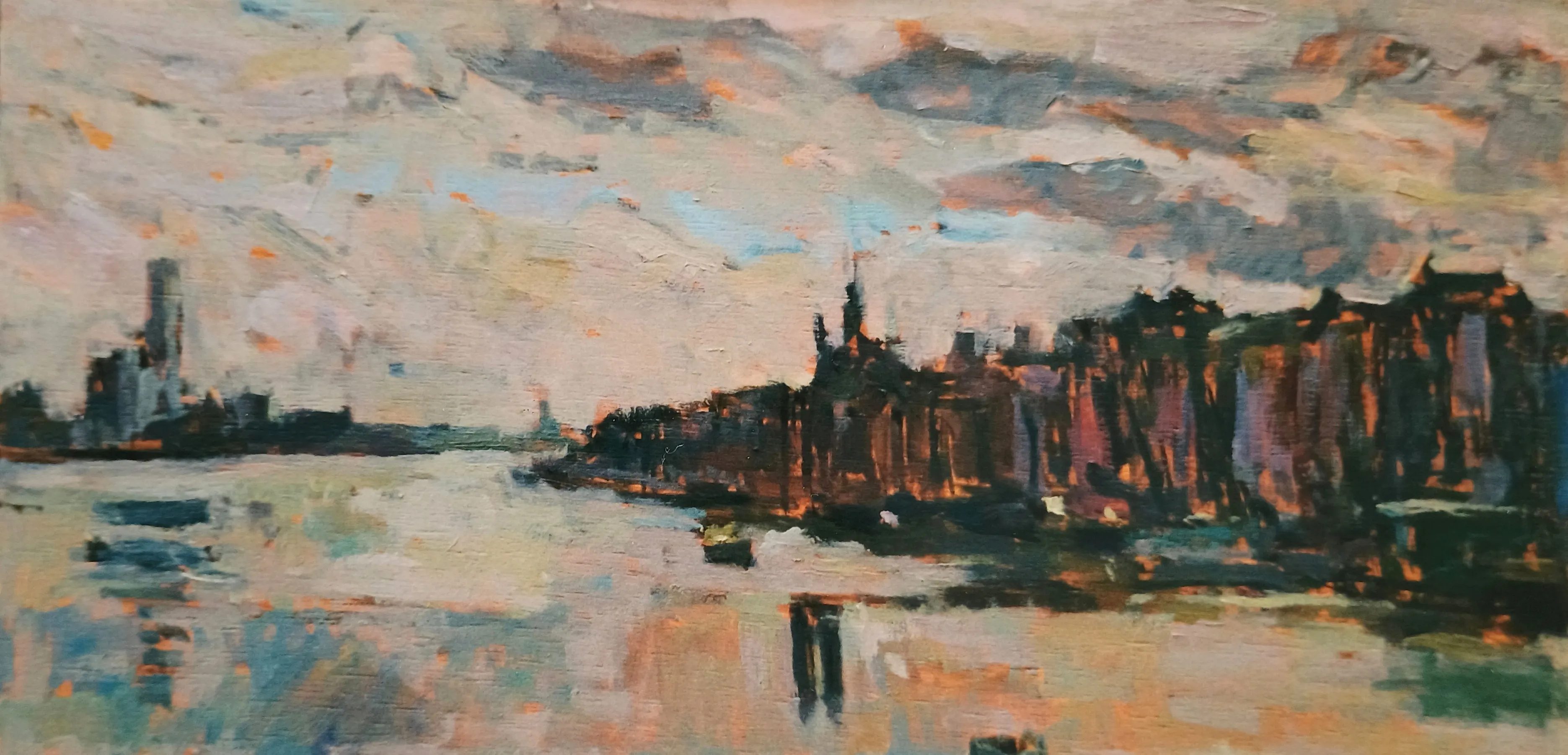 Impressionist painting of a riverside cityscape at dusk with buildings reflected in the water and a cloudy sky.