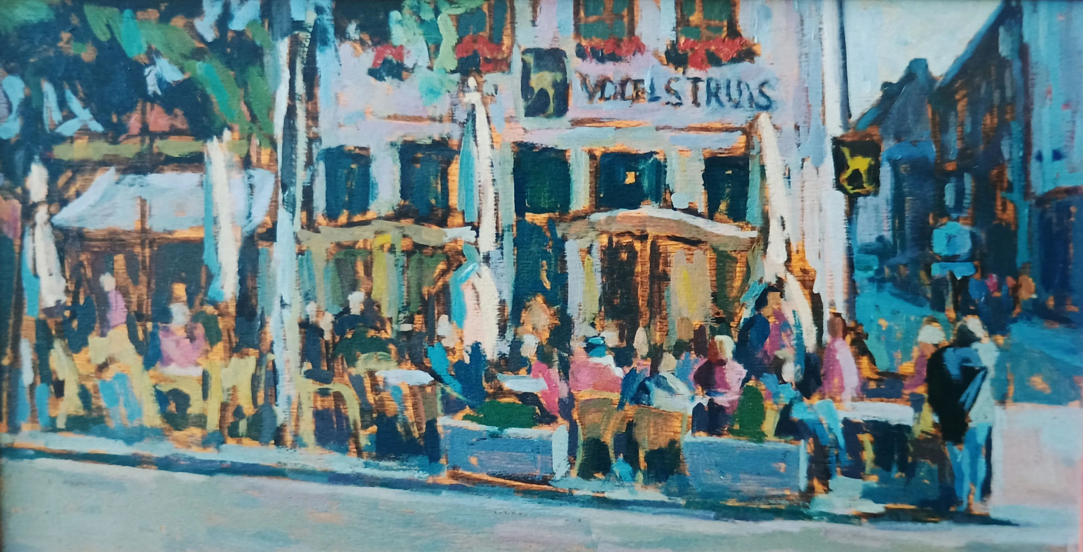 Impressionist painting of people sitting and socializing at outdoor café tables in front of a building with a sign reading 'Vogelstruis'.