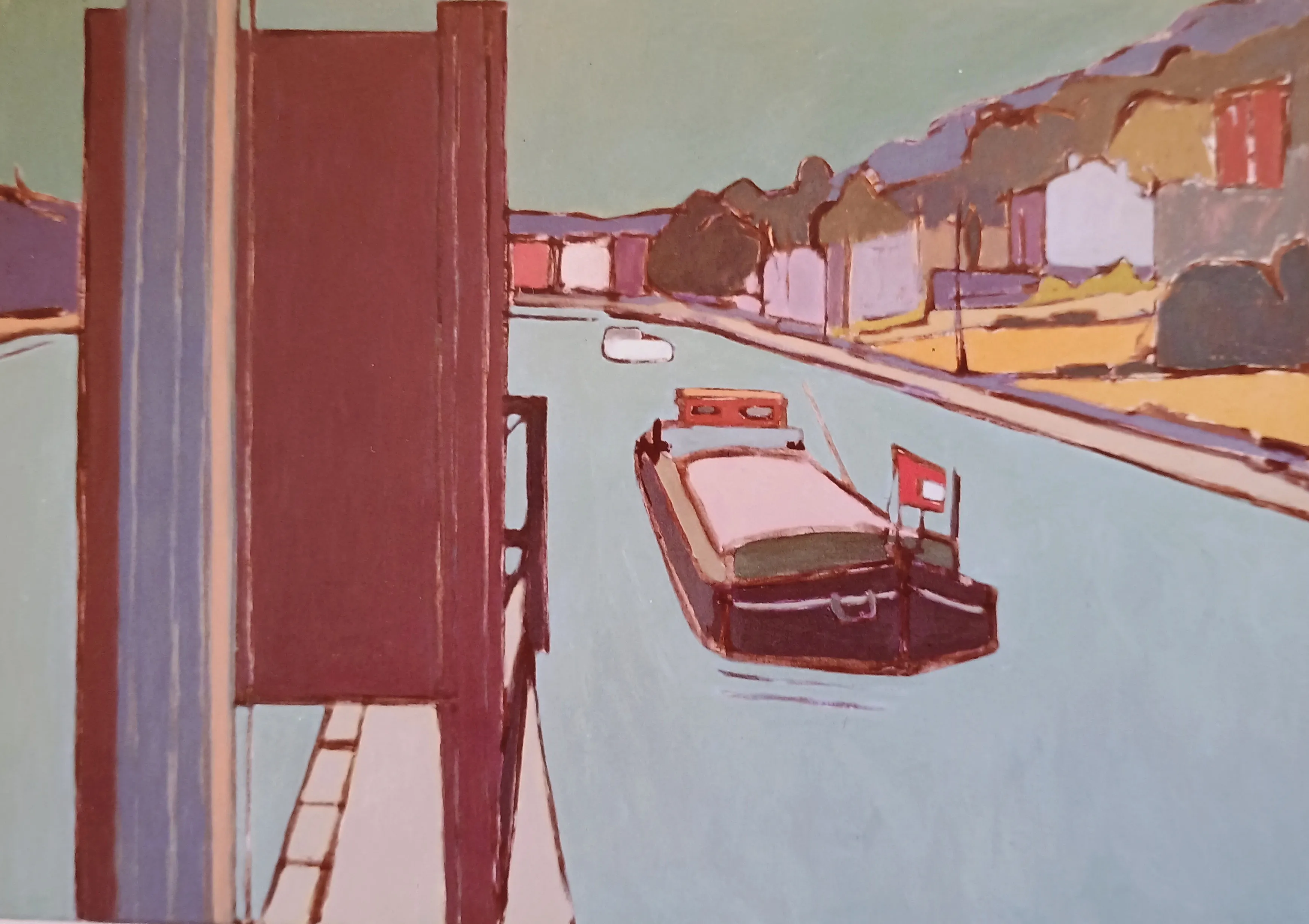 Painting of a canal with a barge carrying cargo, bordered by trees and buildings.