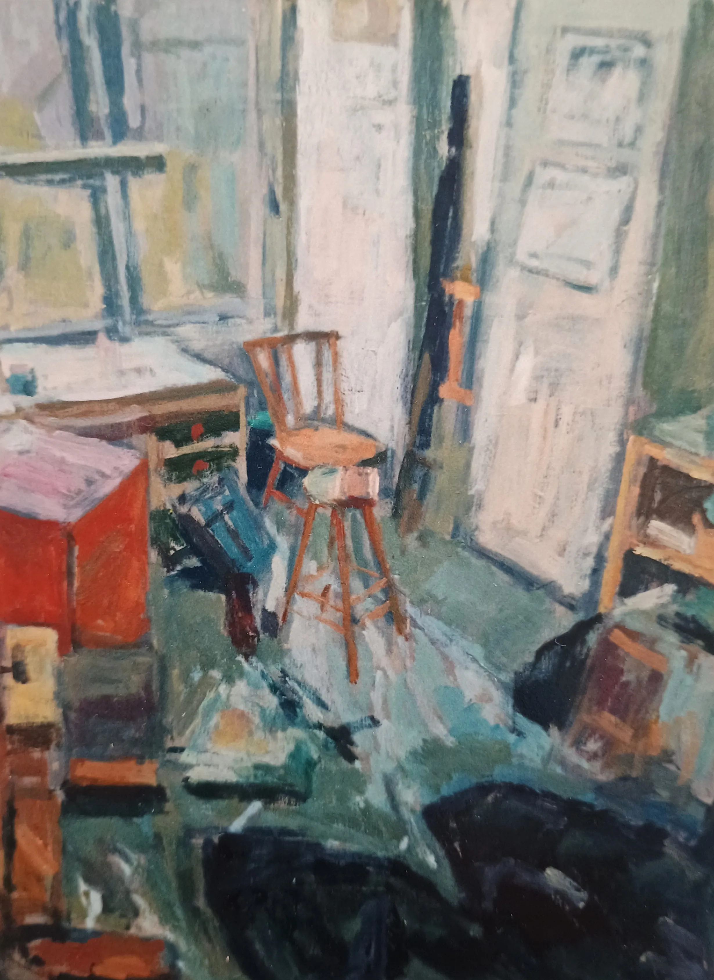 Impressionistic painting of an artist's studio with wooden chairs, tables, and scattered art supplies.