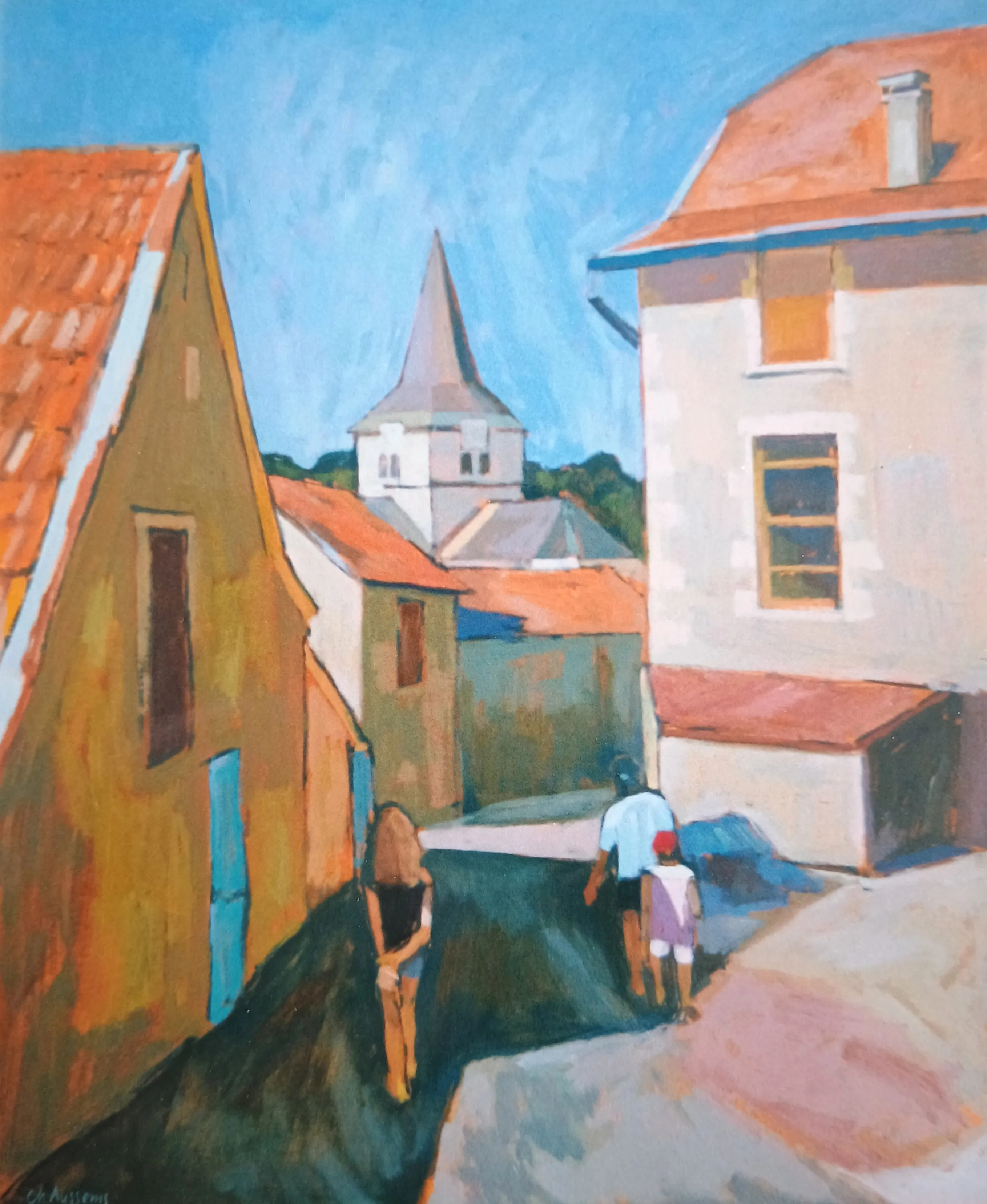 Painting of a sunlit village street with three people walking, rustic buildings with red roofs, and a church steeple in the background.