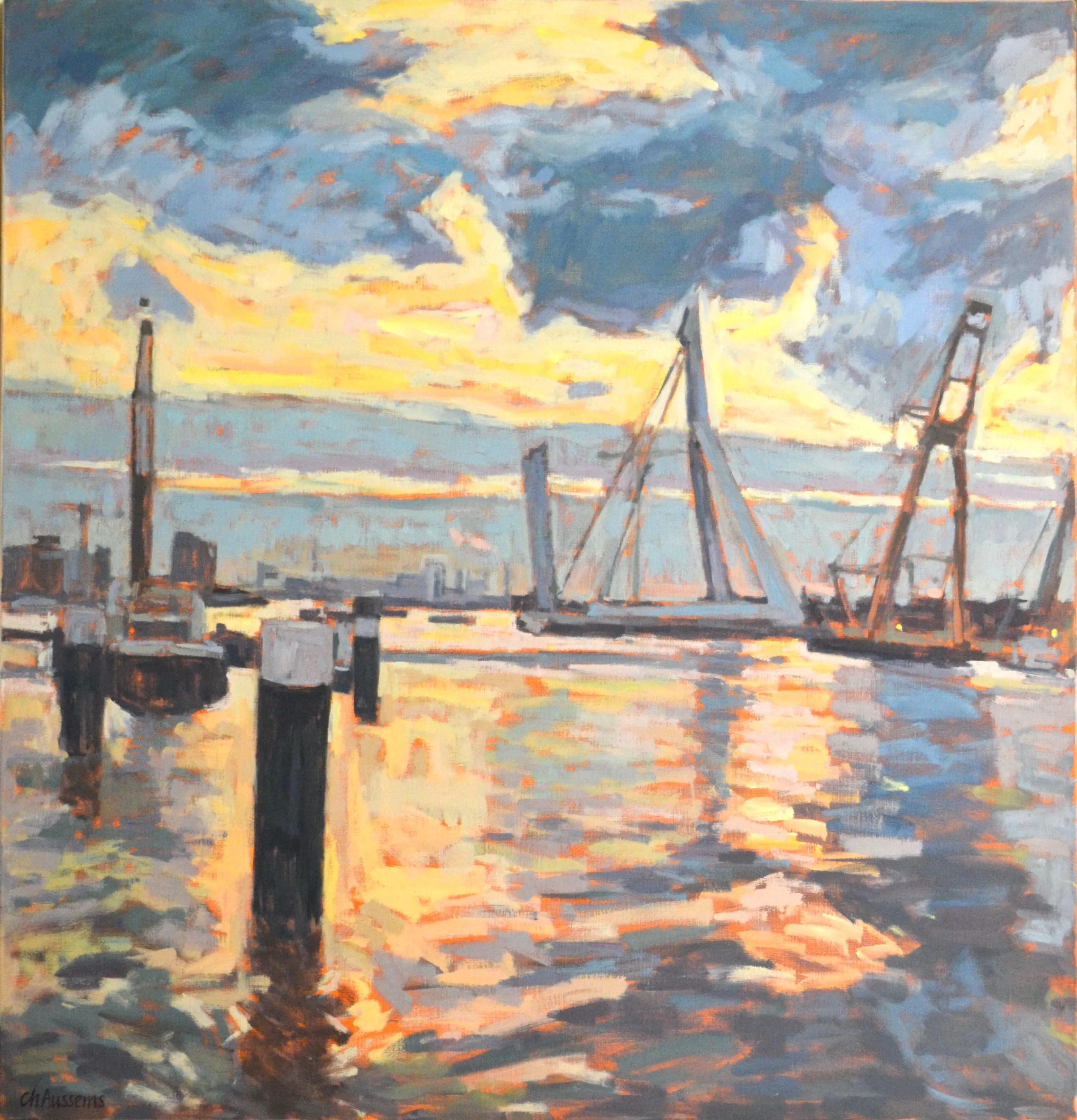 Impressionist painting of a harbor at sunset featuring a bridge, cranes, and reflections on the water.