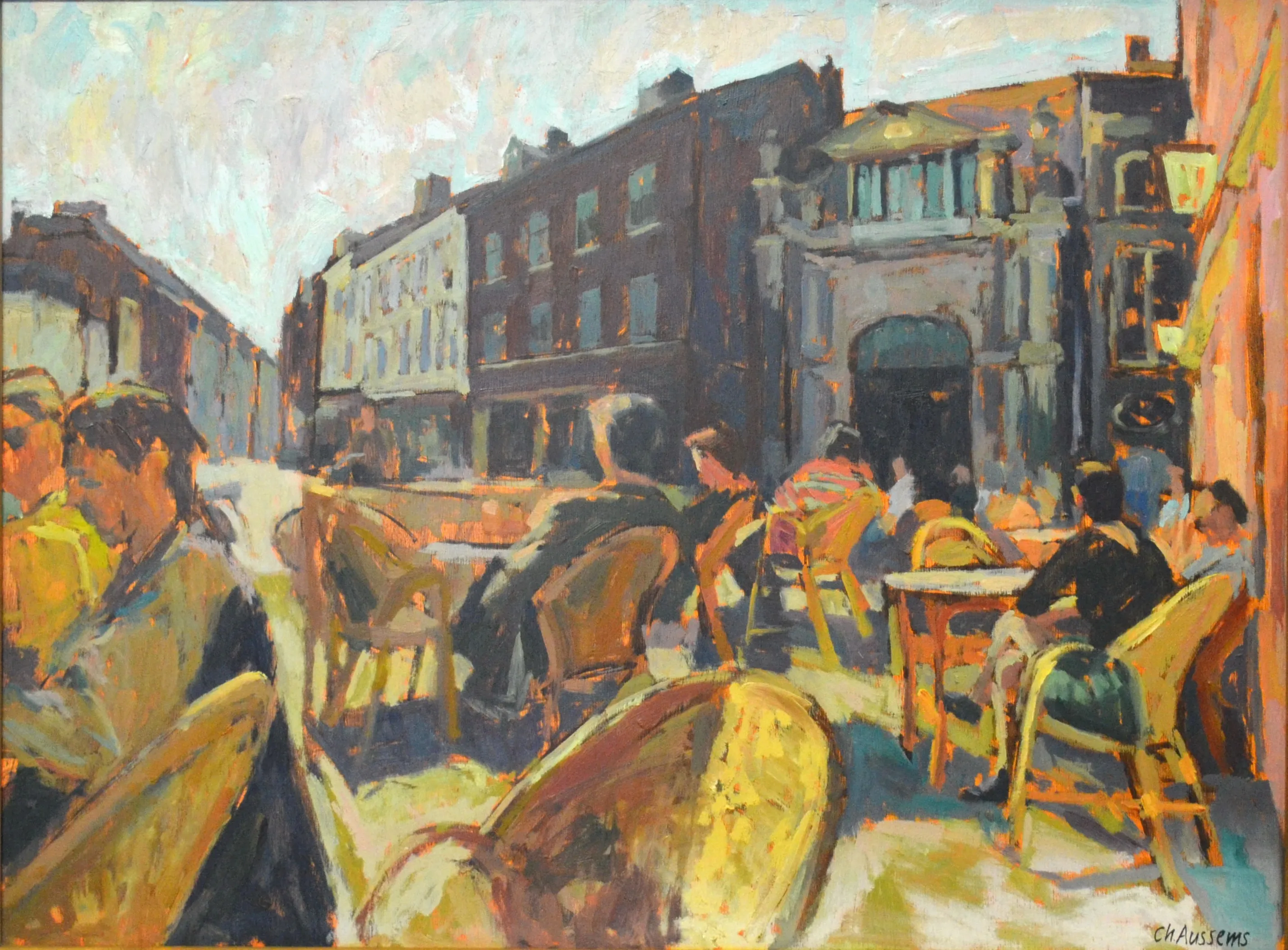 Impressionist painting of people sitting at an outdoor café terrace with buildings in the background.