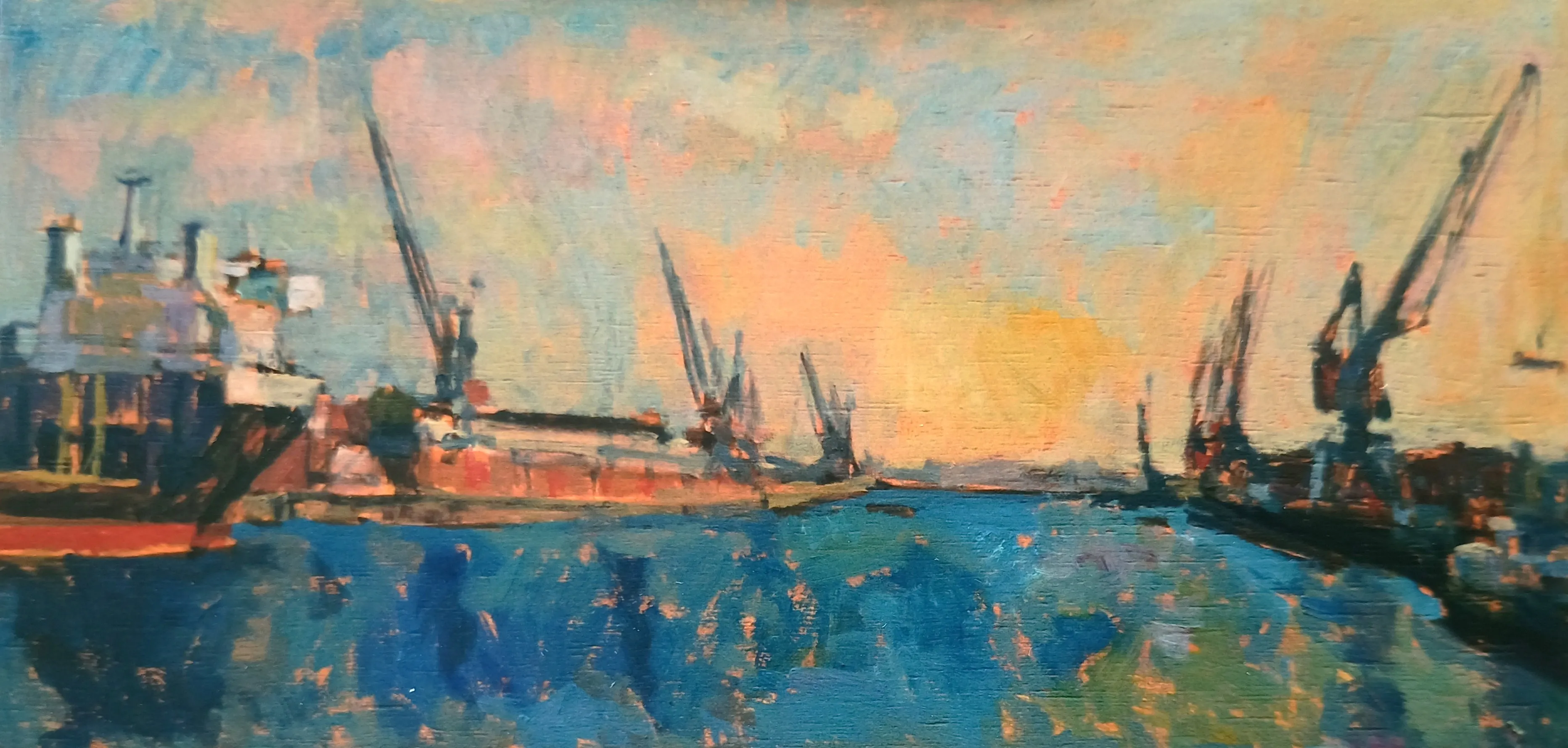 Impressionist painting of a harbor at sunset with cranes, ships, and reflective water.
