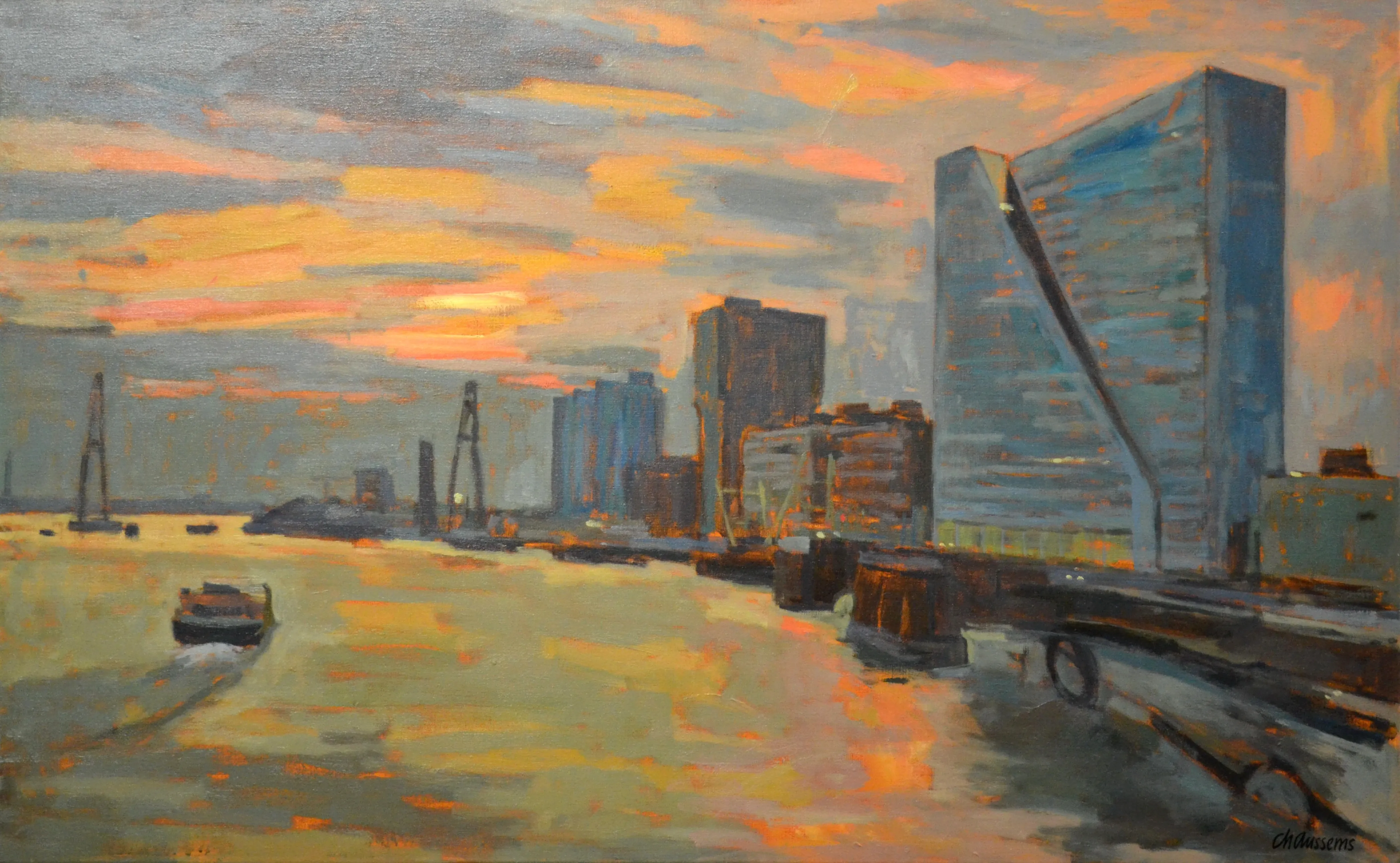 Oil painting of a city skyline at sunset with buildings, a river, and boats.