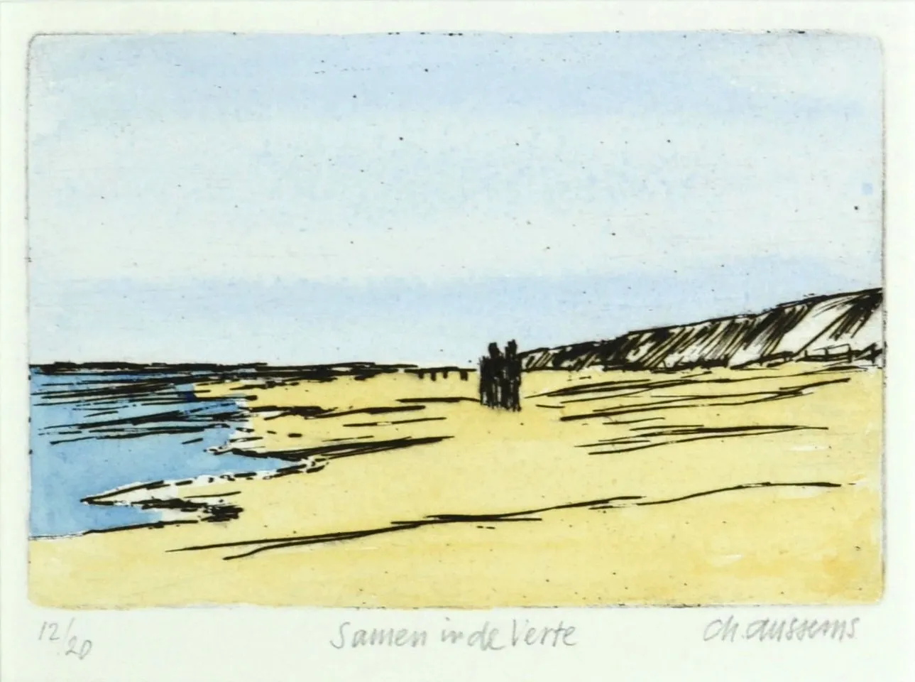 Minimalist watercolor and ink landscape of a sandy beach with three people standing together near the shoreline and dunes in the background.
