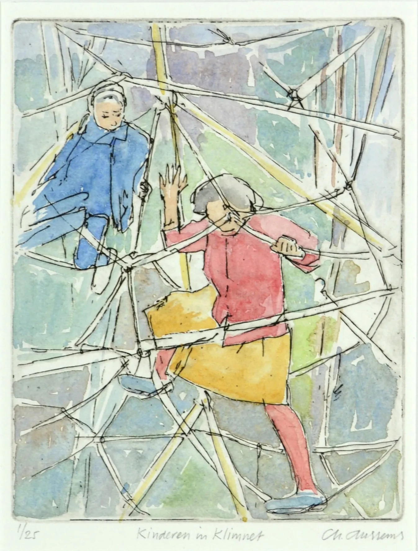 Watercolor illustration of two children climbing on a geometric rope structure, one in a red shirt and yellow skirt, the other in a blue outfit.