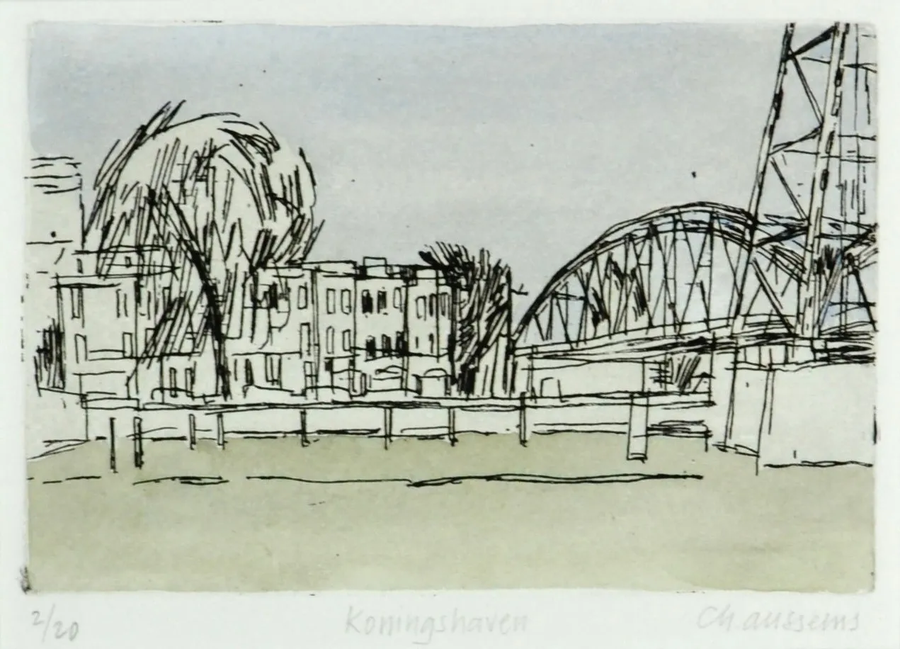 Minimalist sketch of row houses with a large tree and an arched metal bridge in the background over a body of water.