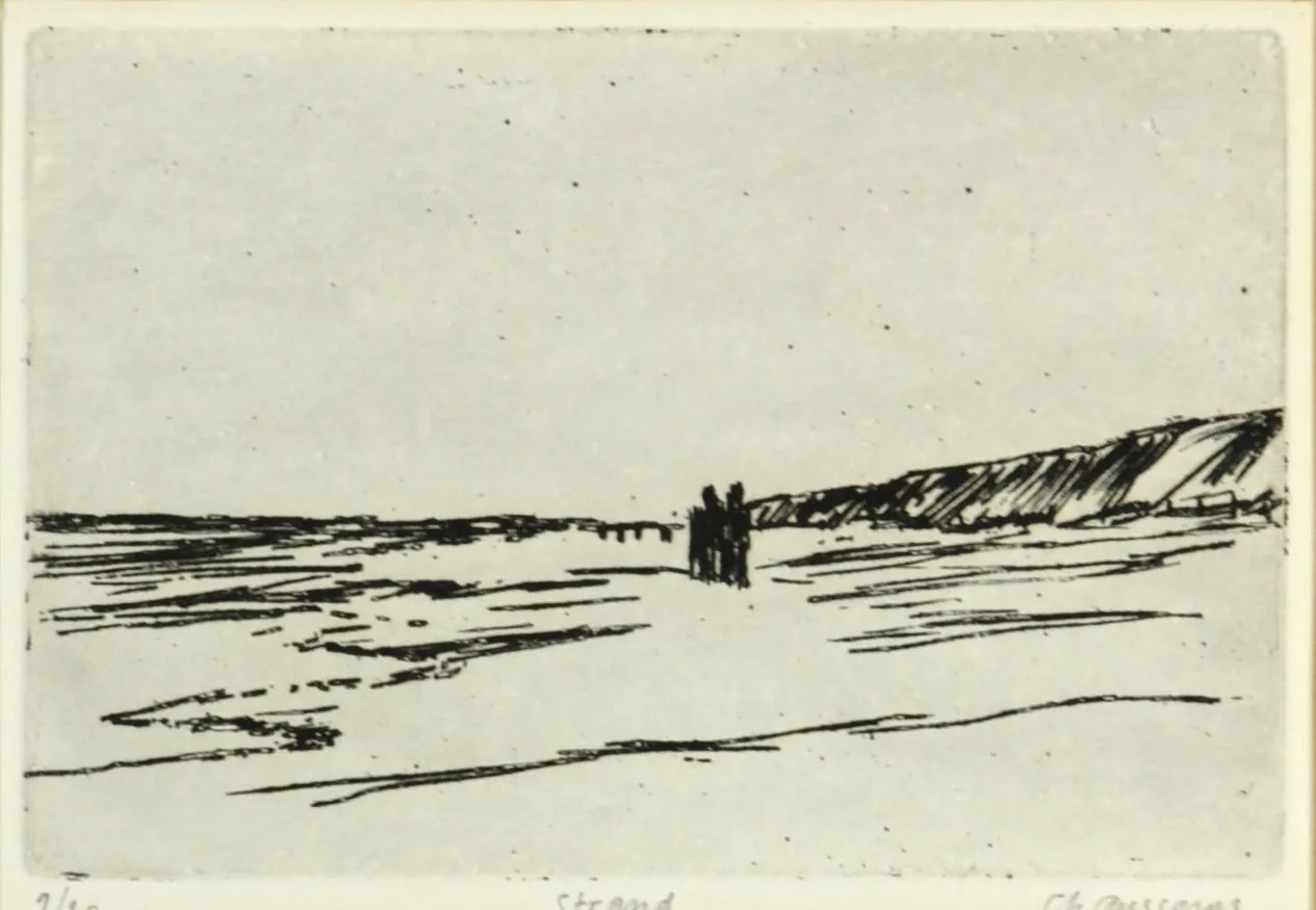 Minimalist black ink sketch of a beach with three people standing near the shoreline and dunes in the background.