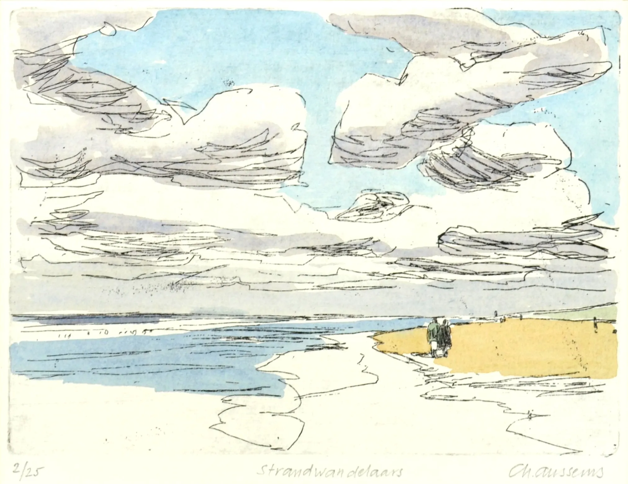 Watercolor and ink sketch of a beach scene with two people walking along the shoreline under a partly cloudy sky.