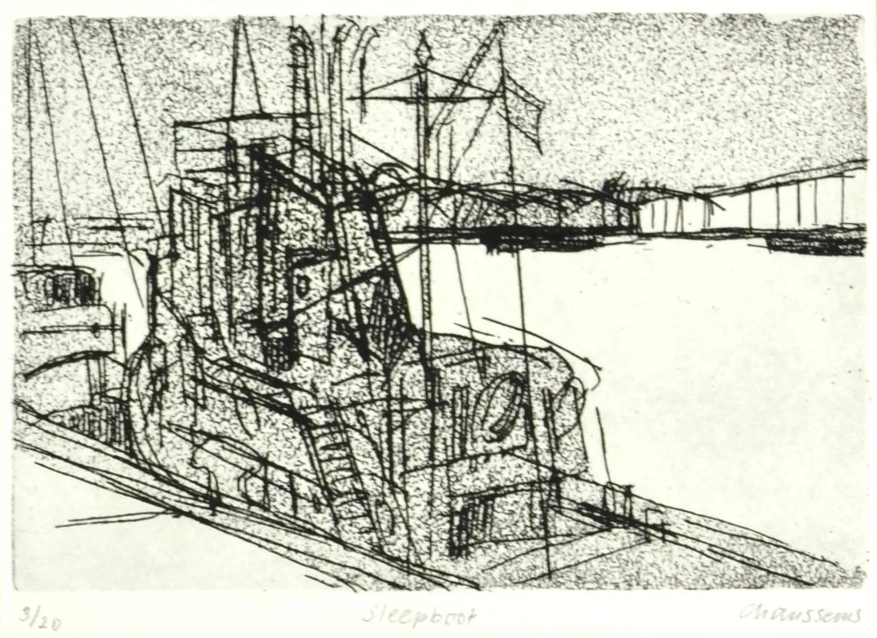 Black and white sketch of a ship docked at a harbor with cranes and buildings in the background.