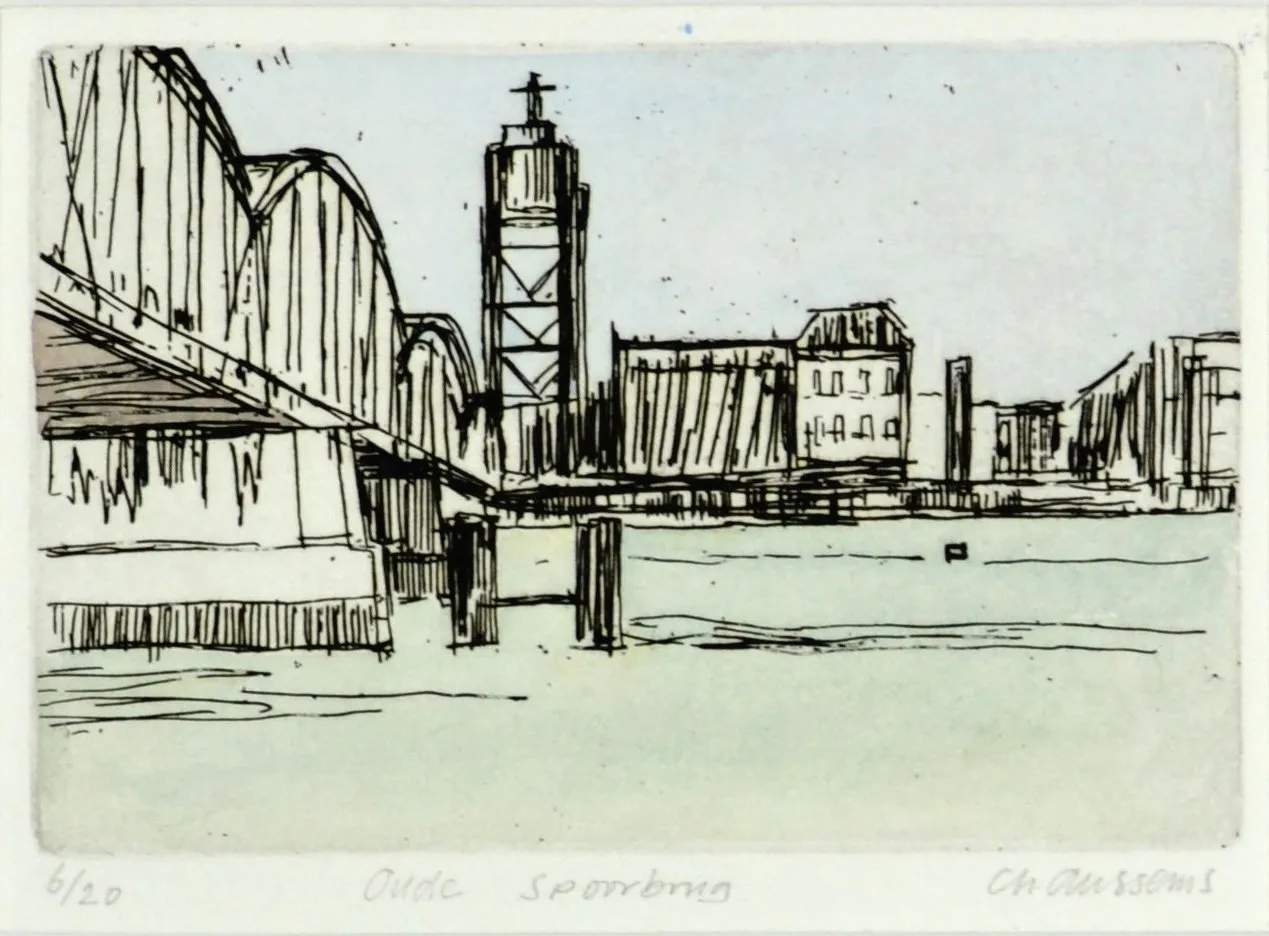 Black ink sketch of a bridge over water with buildings, including a tall tower, in the background.