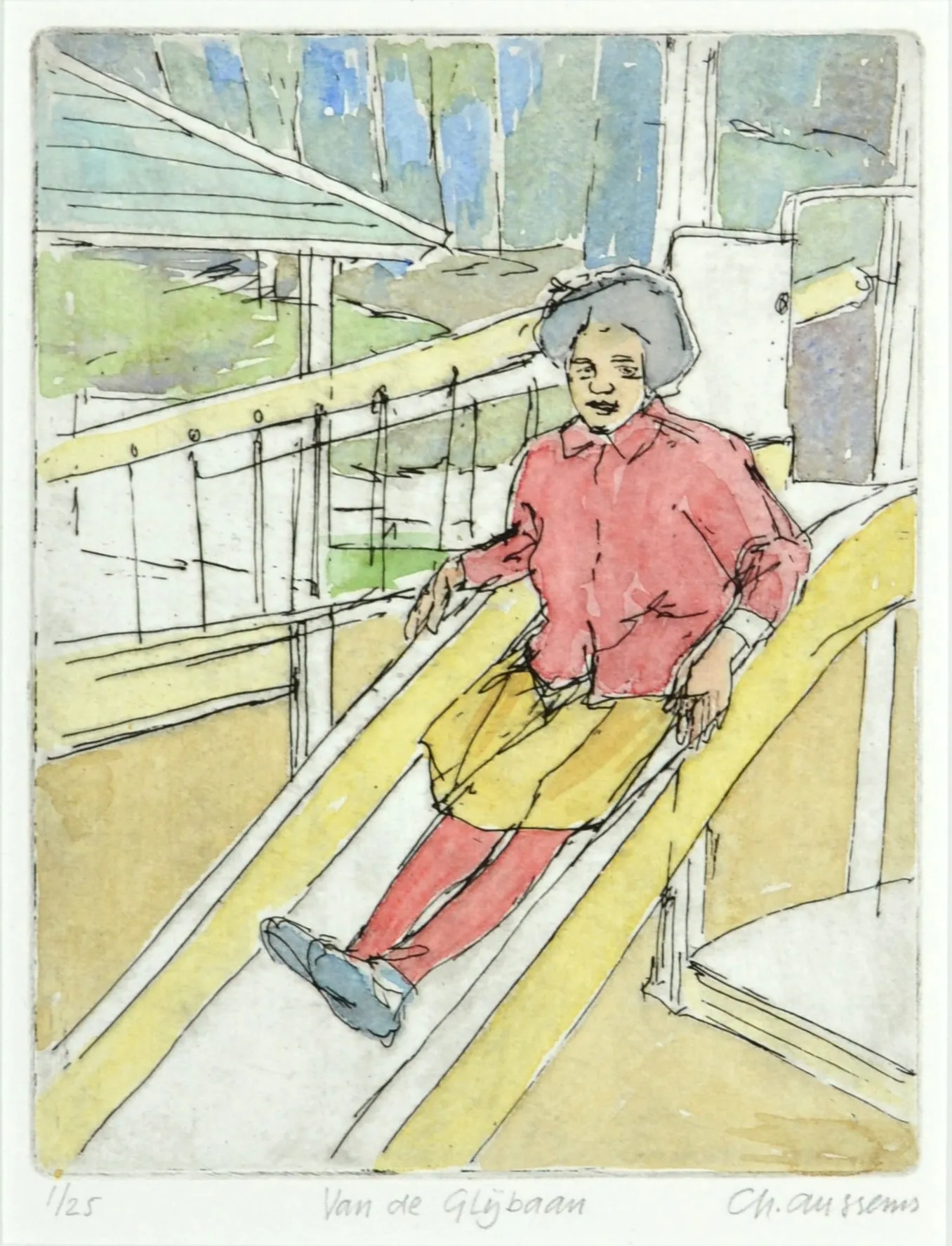 Watercolor and ink sketch of a person sliding down a yellow slide with a green and blue background.