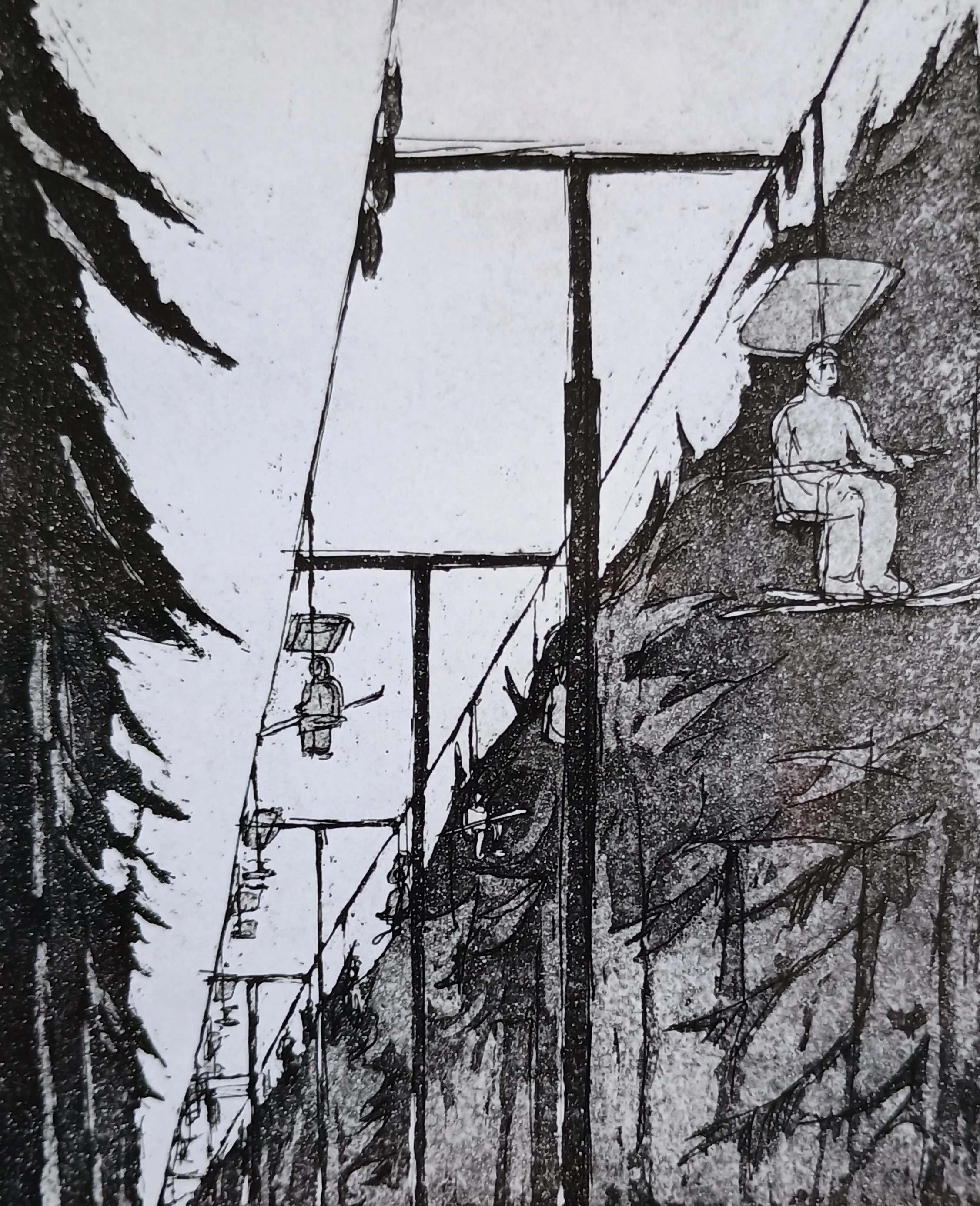 Black and white sketch of a ski lift with several ski chairs carrying skiers above a forested slope.