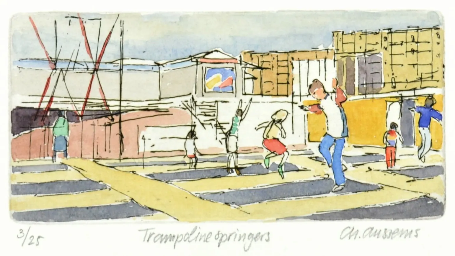 Watercolor and ink sketch of children jumping on trampolines in an indoor play area with netted walls and colorful panels.