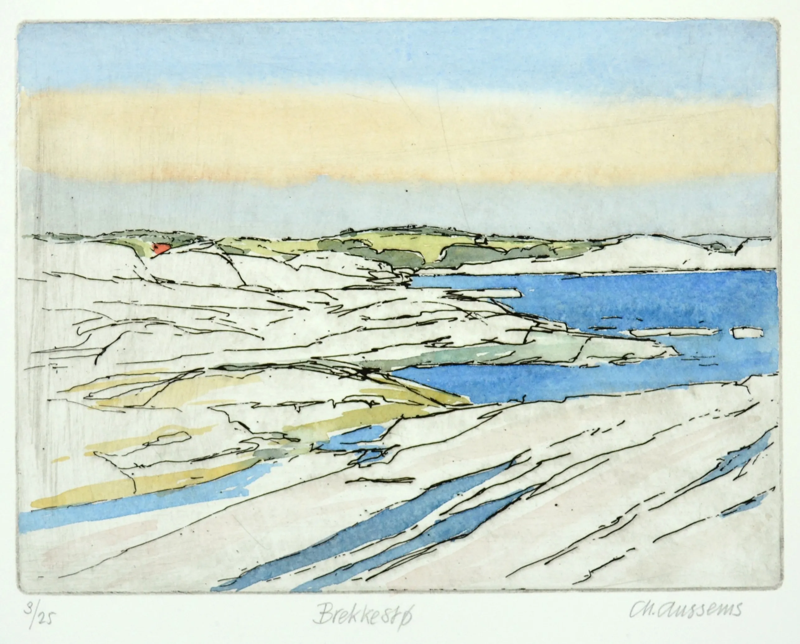 Watercolor etching depicting a rocky coastline with blue water, white rocks, and a pale blue sky with a beige cloud streak.