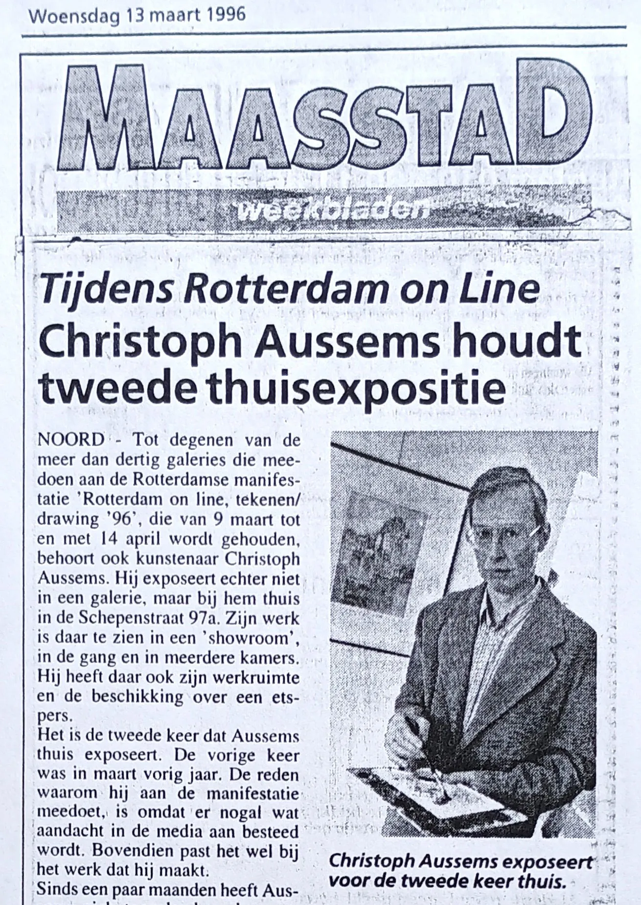 Black and white newspaper clipping from March 13, 1996, with the headline about Christoph Aussems holding his second home exhibition, featuring a photo of him holding a painting palette.