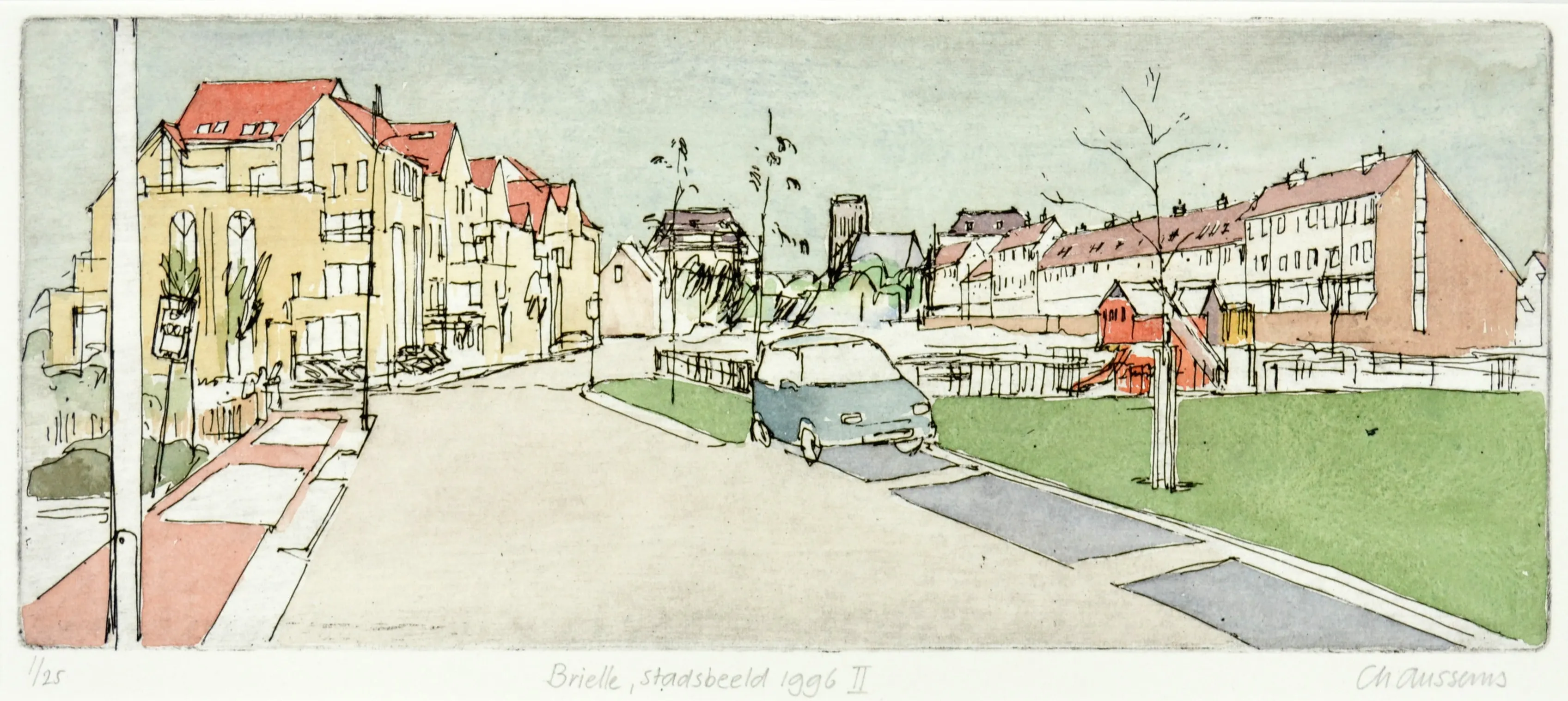 Sketch-style street scene of Brielle from 1996 showing houses with red roofs, a parked blue car, a green lawn, and a small red playground.