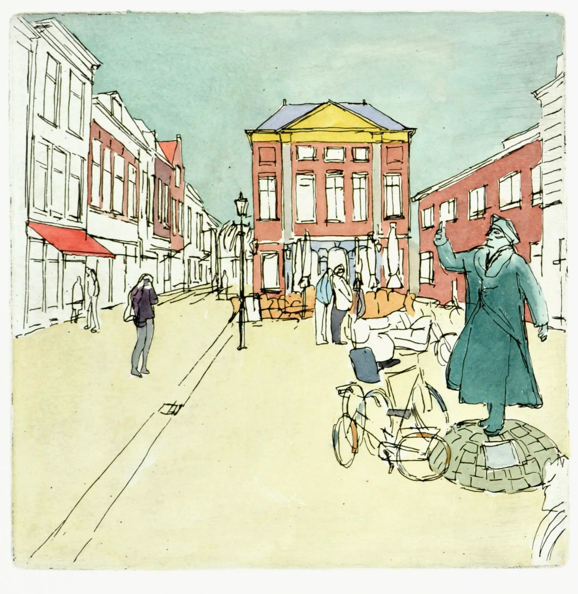 Watercolor sketch of a town square with a statue of a man in a long coat and hat, bicycles, and people near buildings with outdoor seating.
