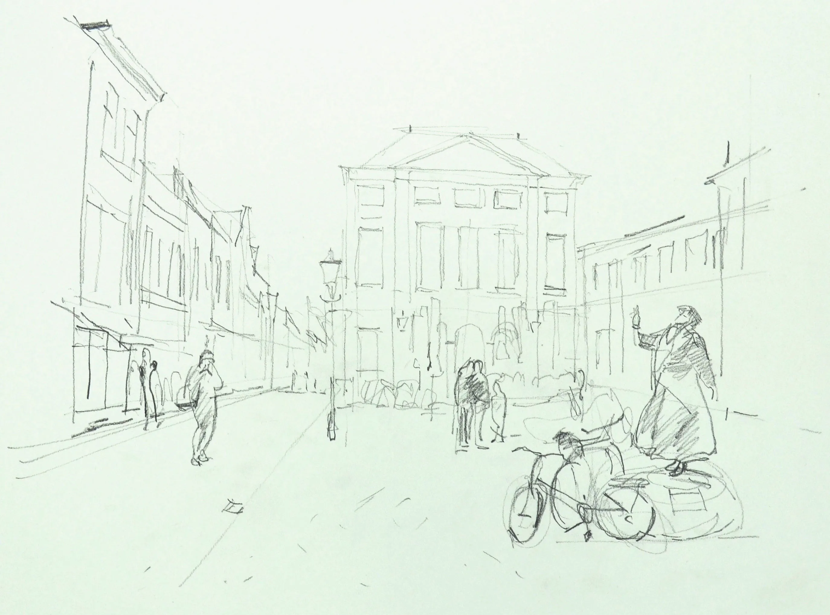 Pencil sketch of a street scene with buildings, people walking, a bicycle, and a statue of a person in a long coat on a pedestal.