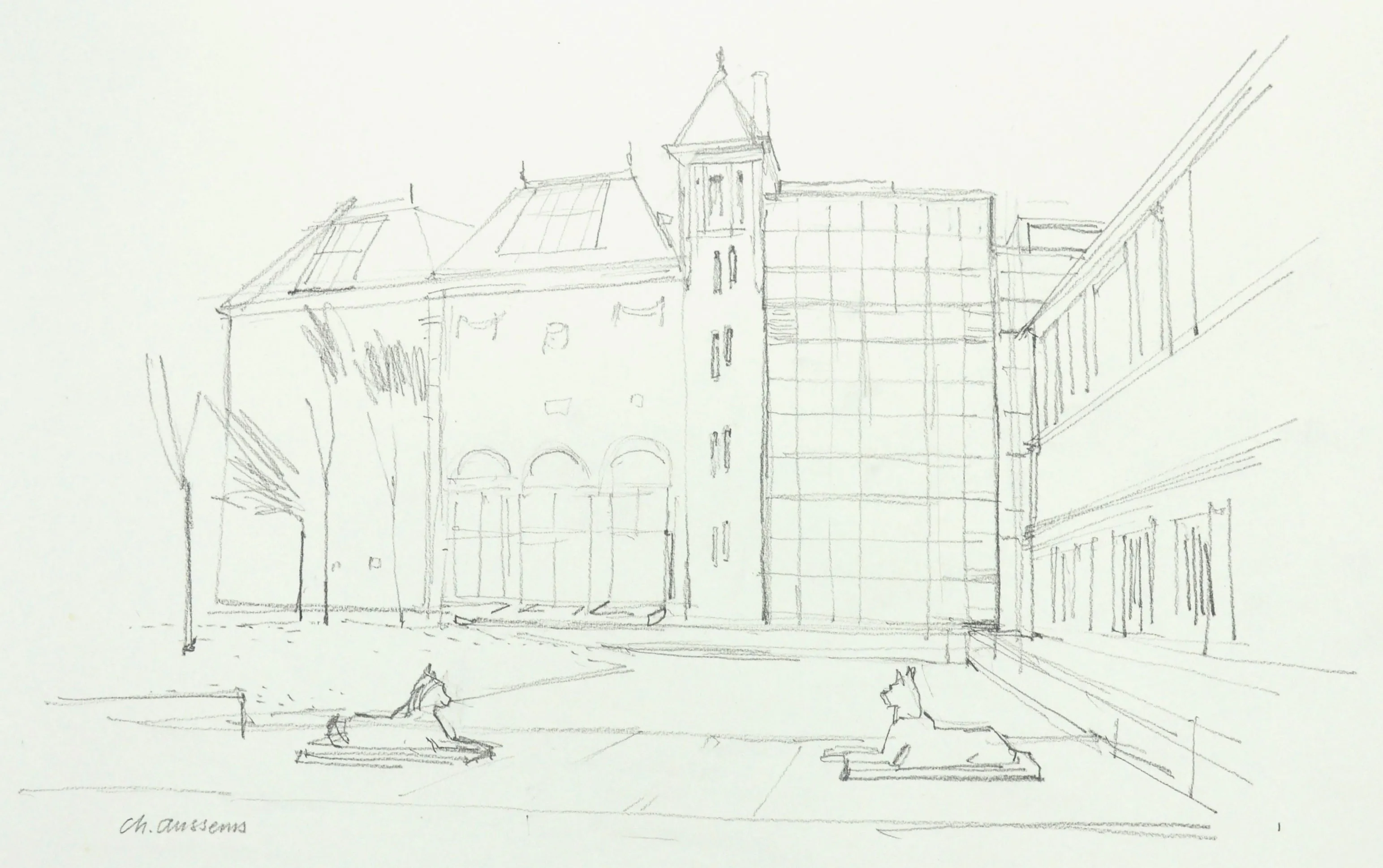 Pencil sketch of a plaza with two reclining statues in the foreground and buildings with varied architectural styles in the background.
