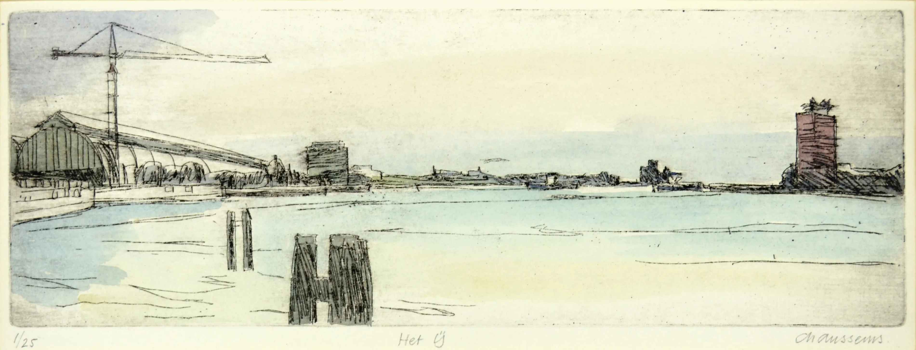 Sketch of a waterfront scene with a crane, buildings, and calm water under a pale sky.