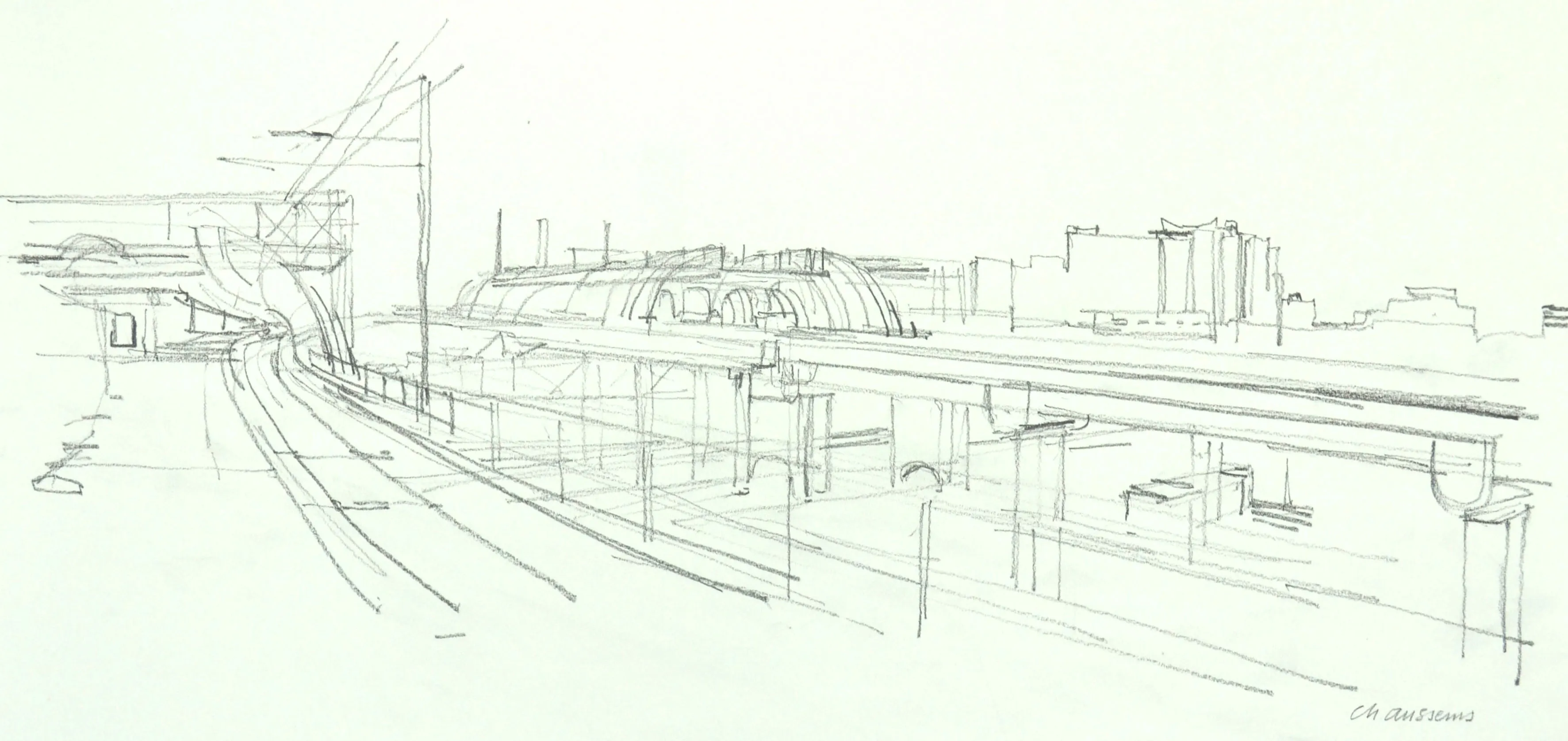 Pencil sketch of a train station with platforms, tracks, and a curved roof structure in the background.