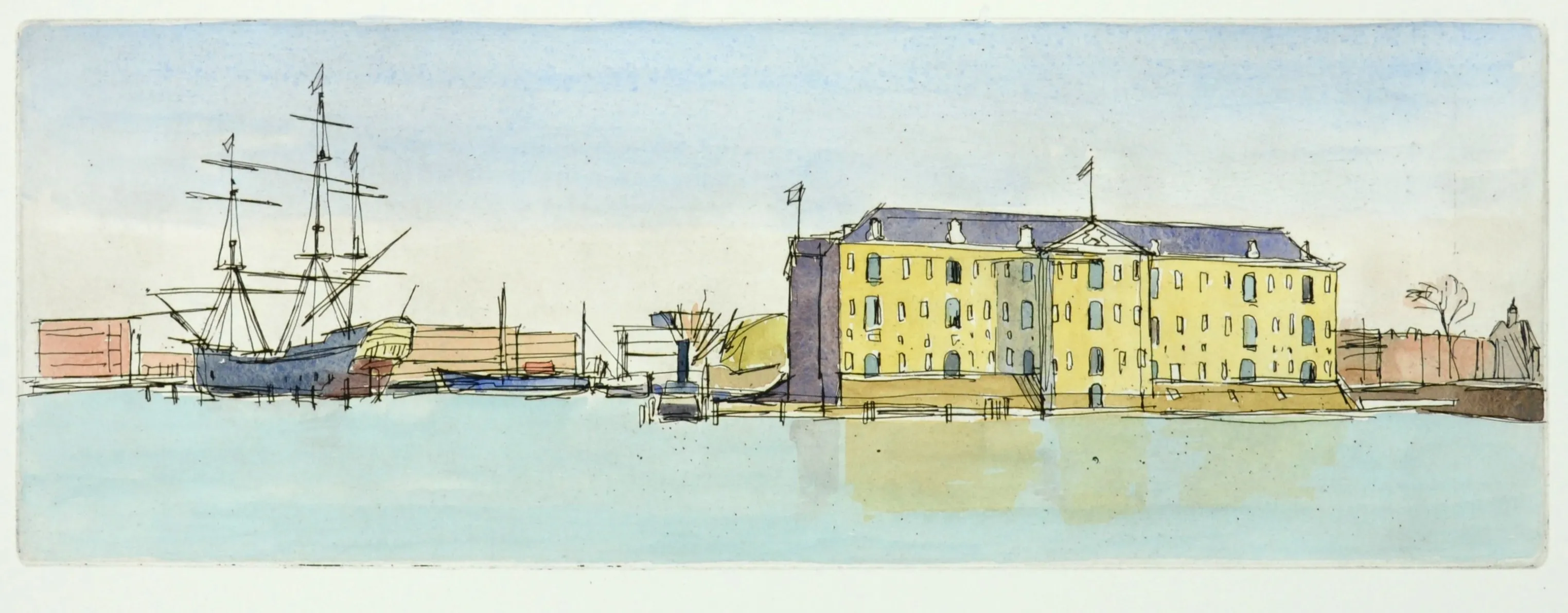 Watercolor sketch of a docked historic sailing ship beside a large yellow building with flags.