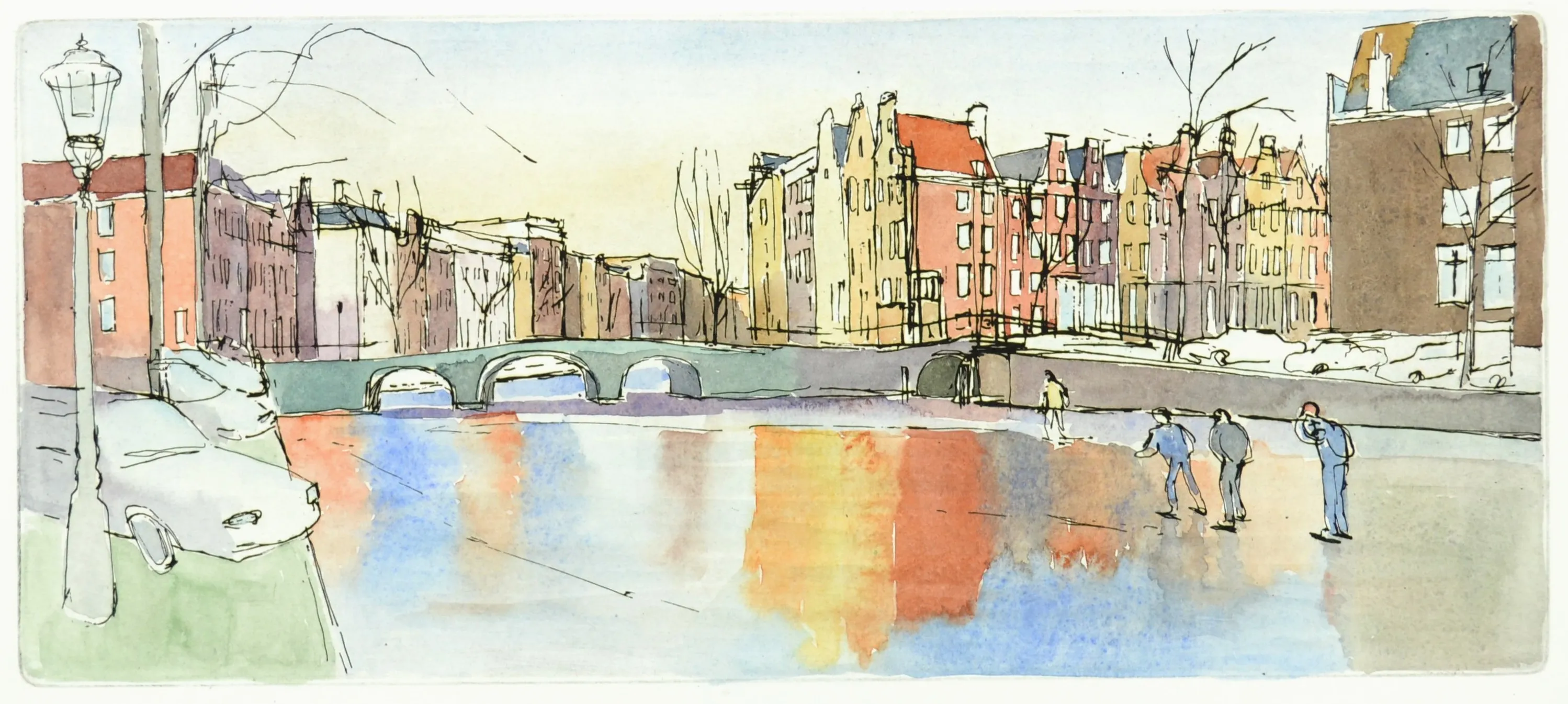 Watercolor sketch of a canal with arched bridges and colorful buildings reflecting in the water, with people skating on the ice.