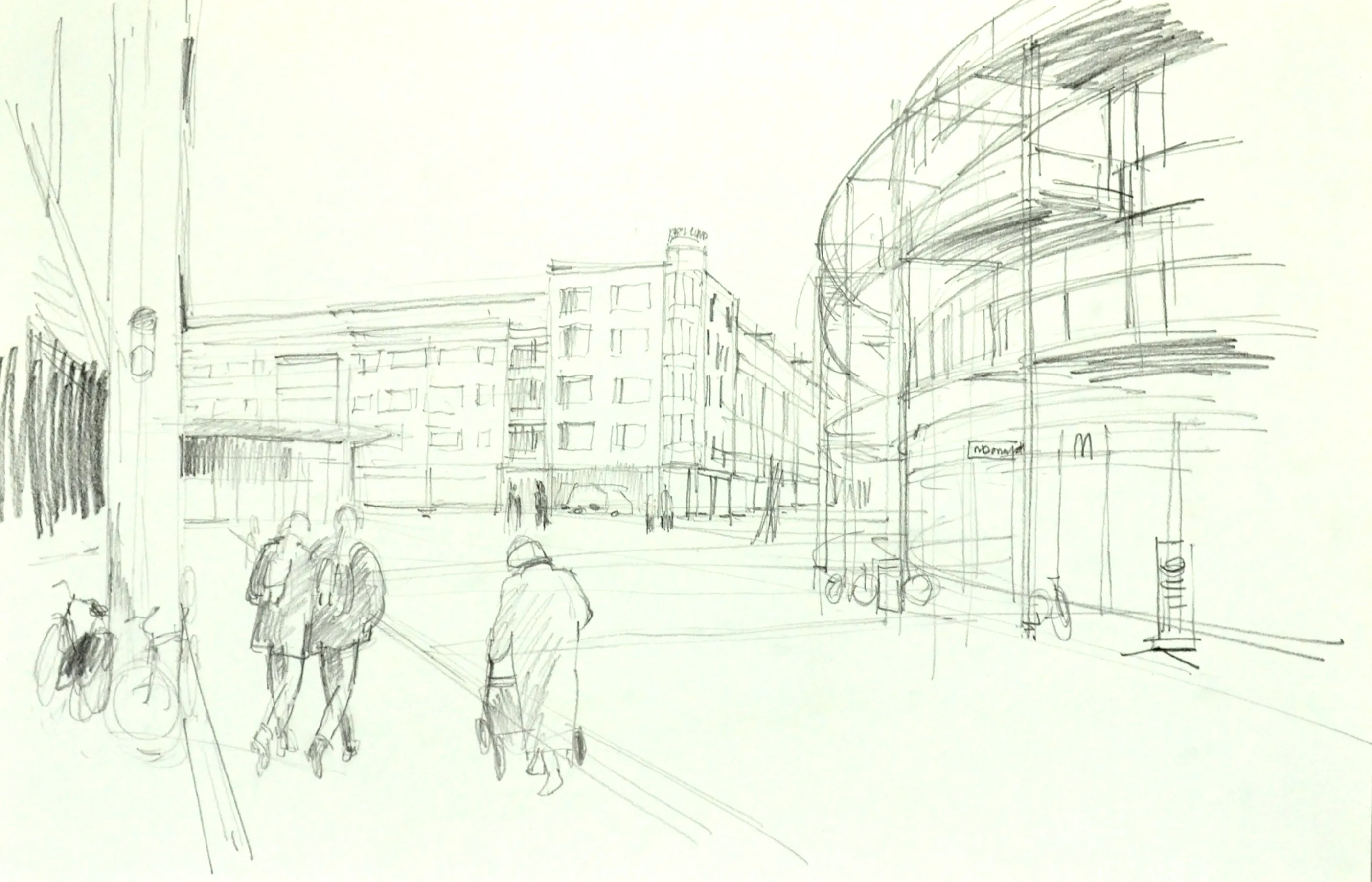 Pencil sketch of a city street scene with several buildings, a few pedestrians, bicycles, and a person pushing a stroller.