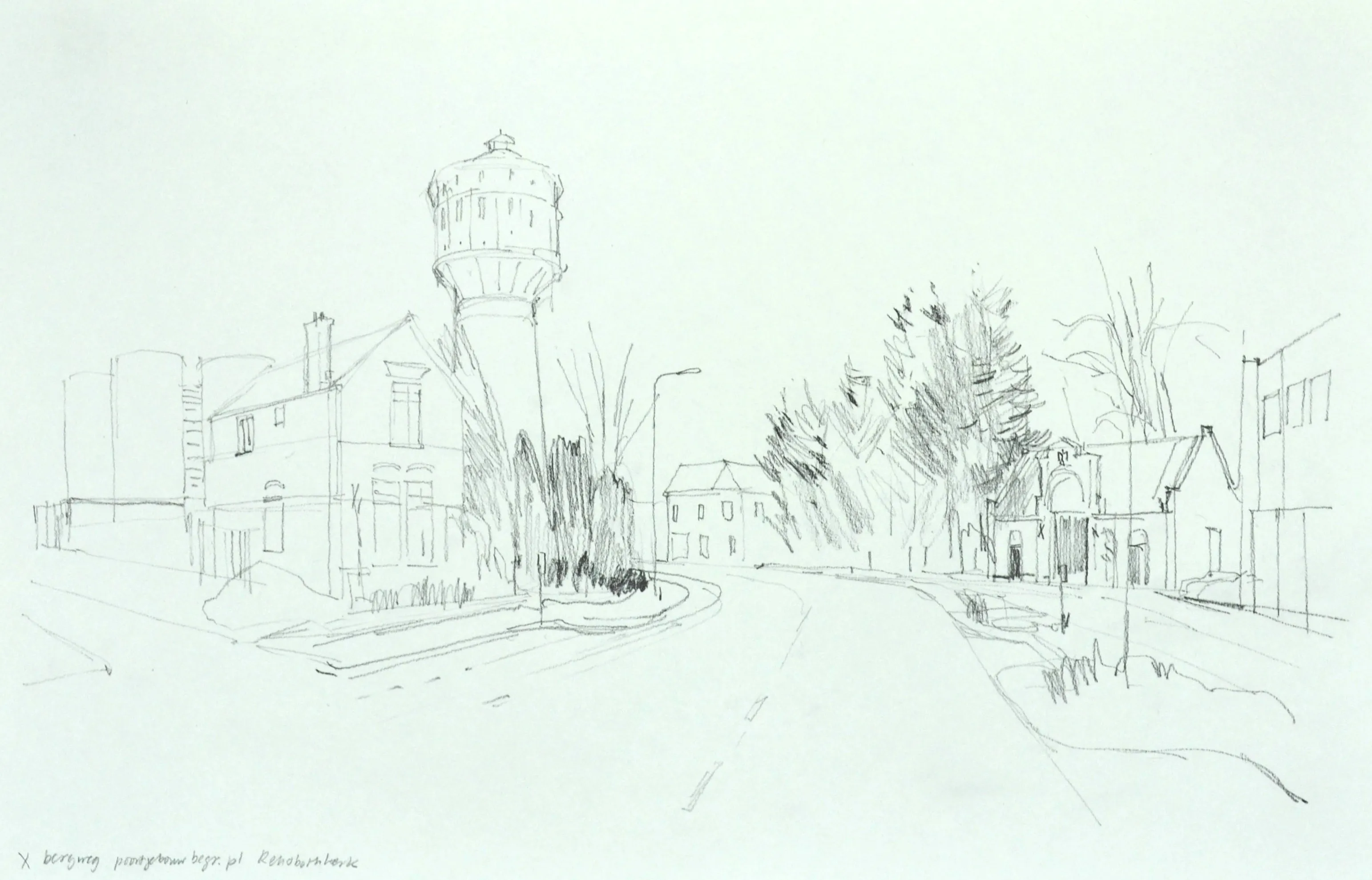 Pencil sketch of a street scene with a tall water tower, houses, trees, and a curved road.