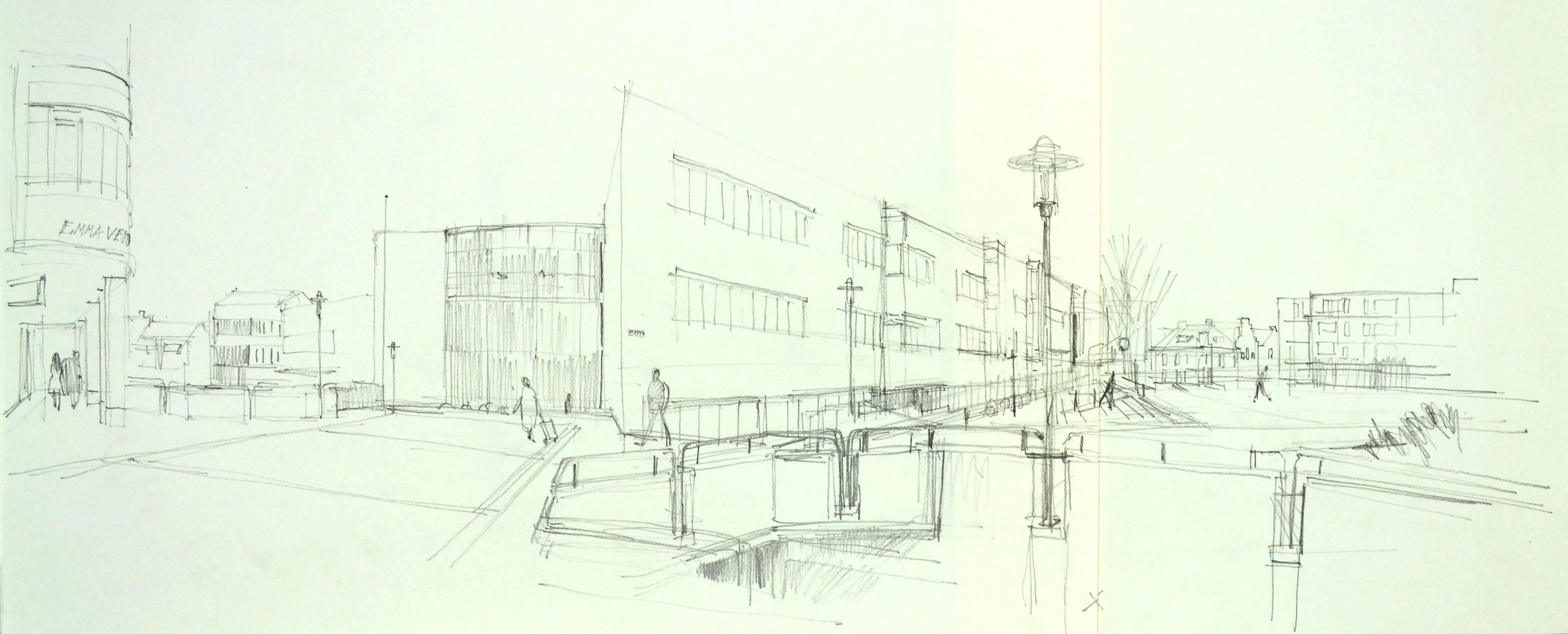Pencil sketch of an urban street scene with modern buildings, lamp posts, and a few pedestrians walking.