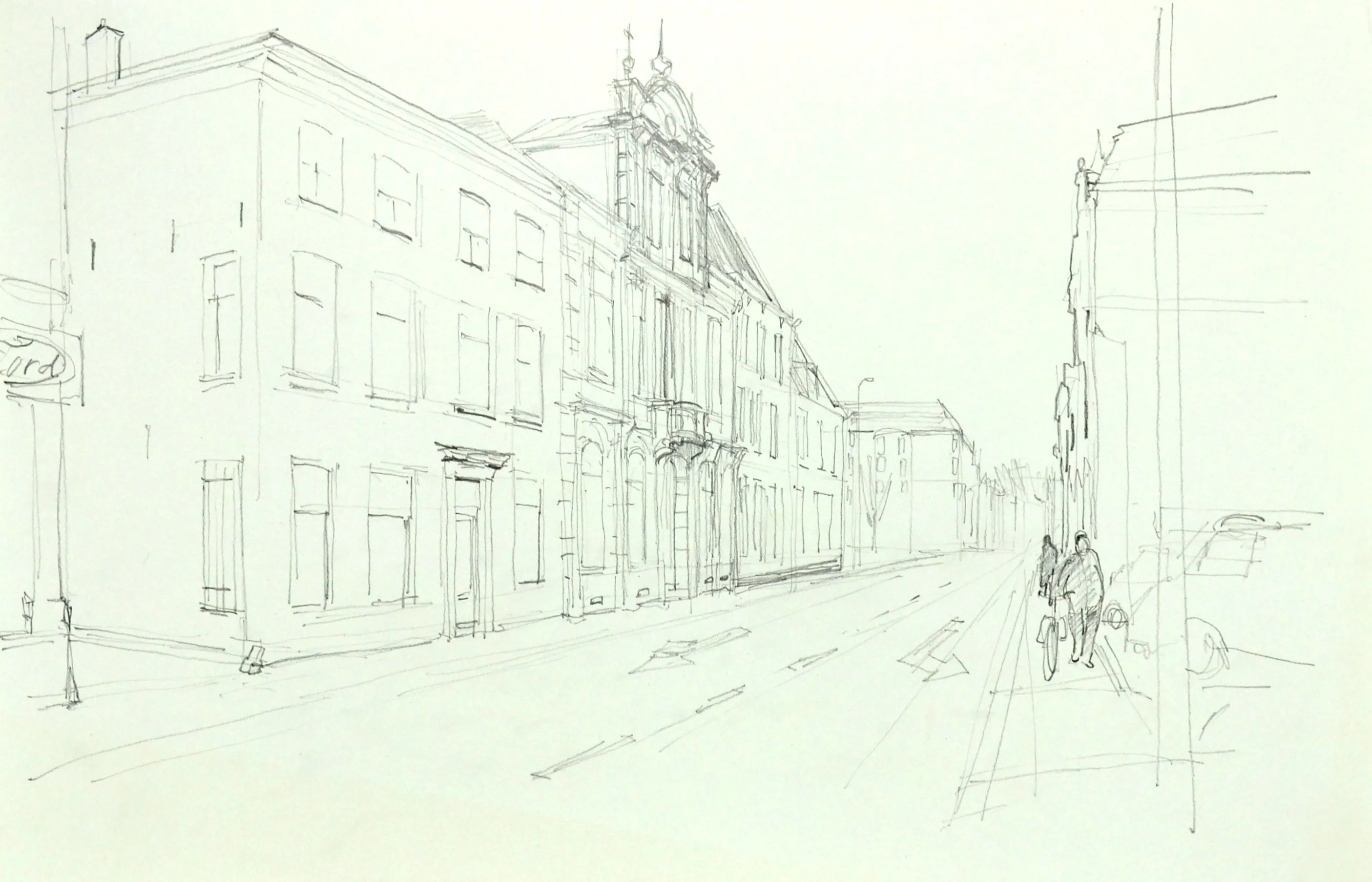 Pencil sketch of a street with rows of buildings on the left, two people standing near a bicycle on the right sidewalk, and a road with directional arrows.