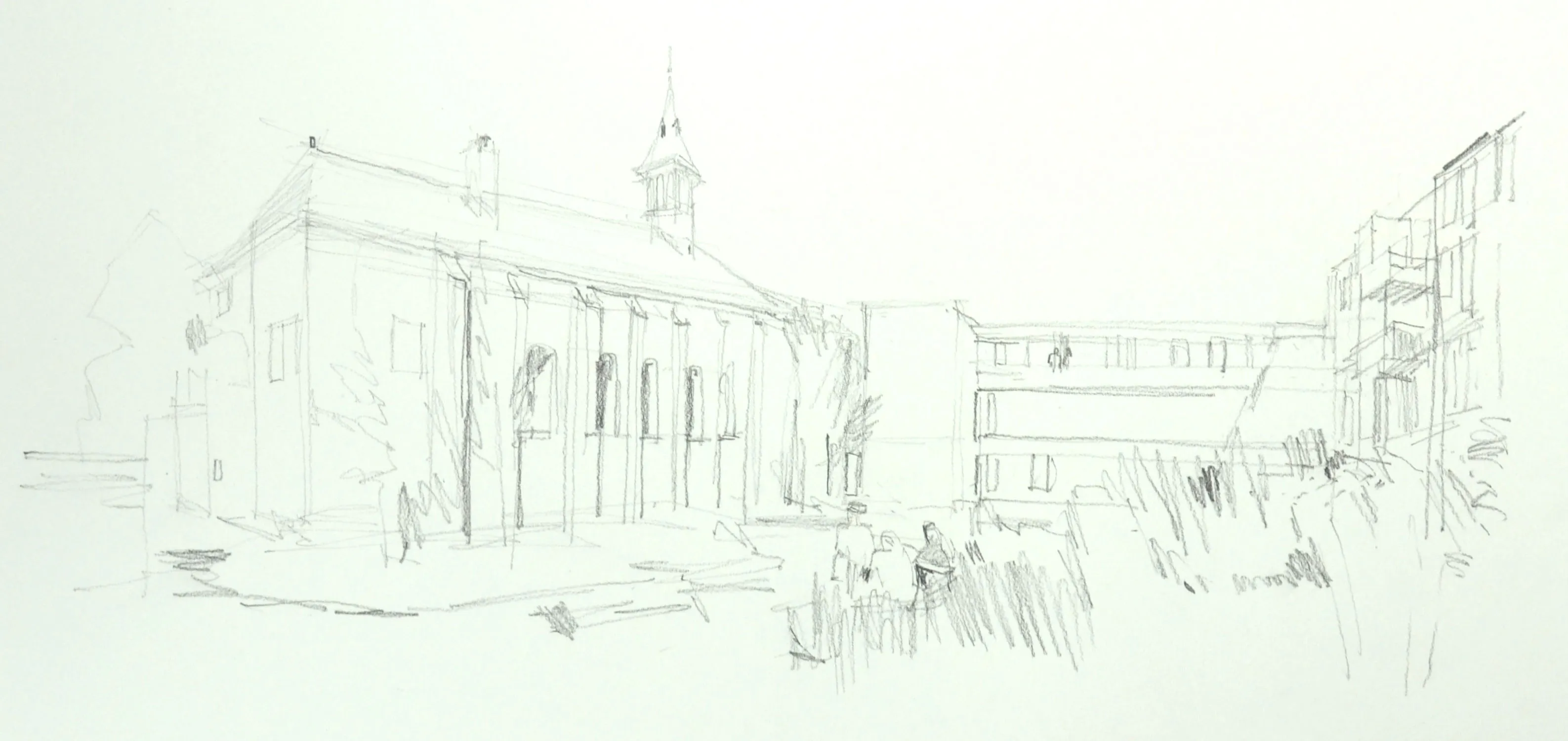 Pencil sketch of a building with a tall spire and adjacent modern structure, with sketched people and vegetation in the foreground.