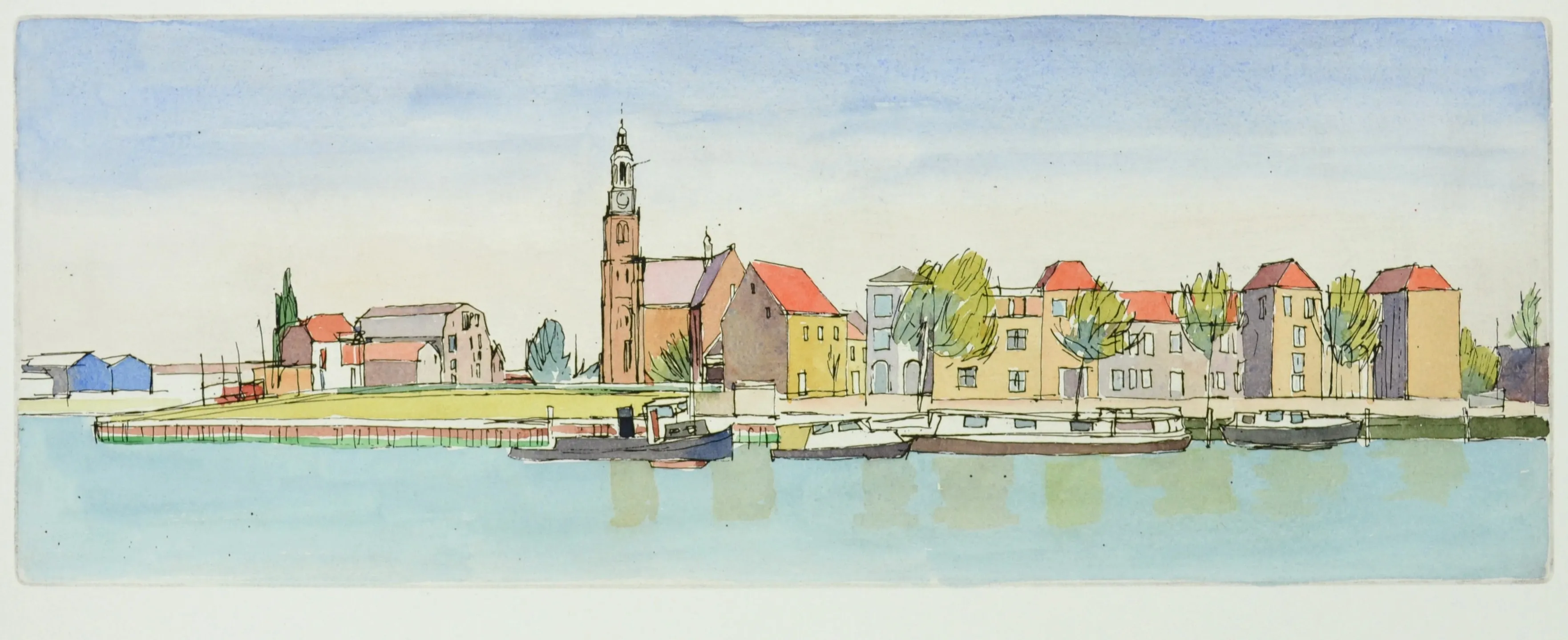Watercolor illustration of a riverside town with boats, buildings with red roofs, trees, and a tall church tower.