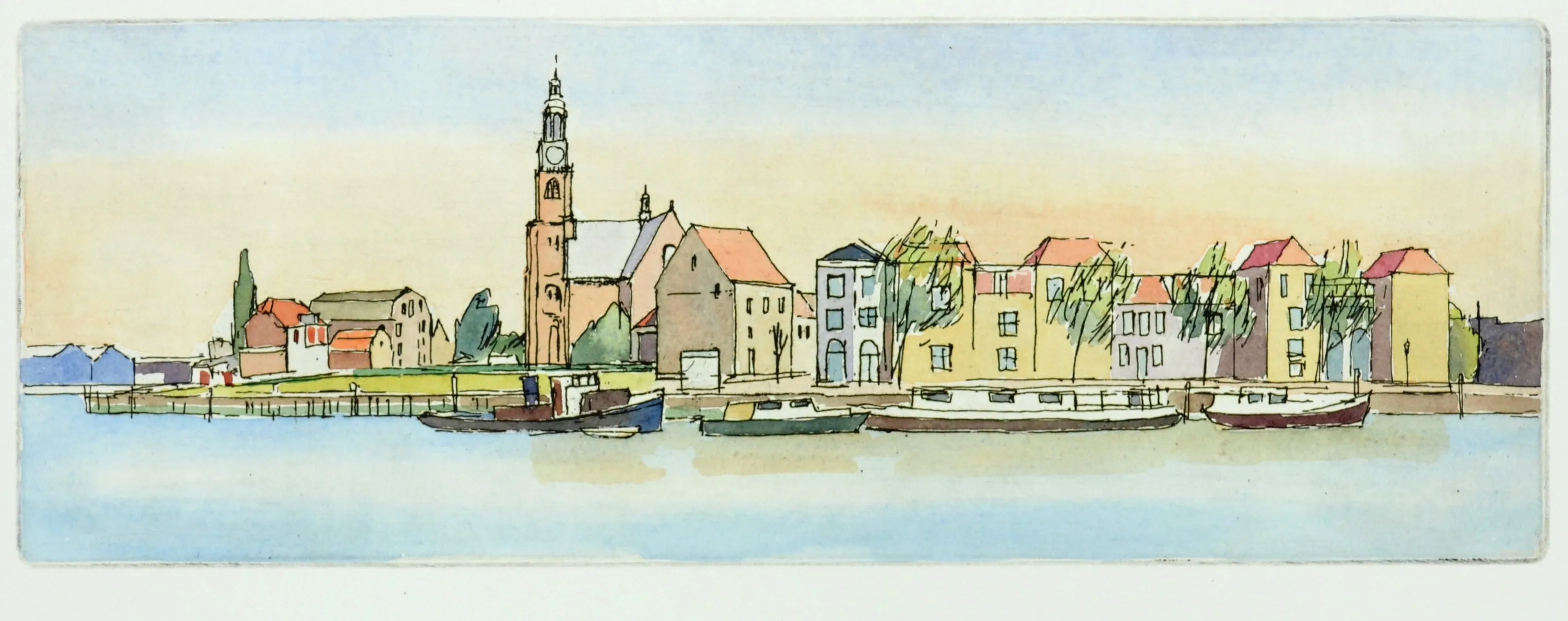 Watercolor sketch of a harbor town with boats, colorful houses, trees, and a tall church tower at sunset.