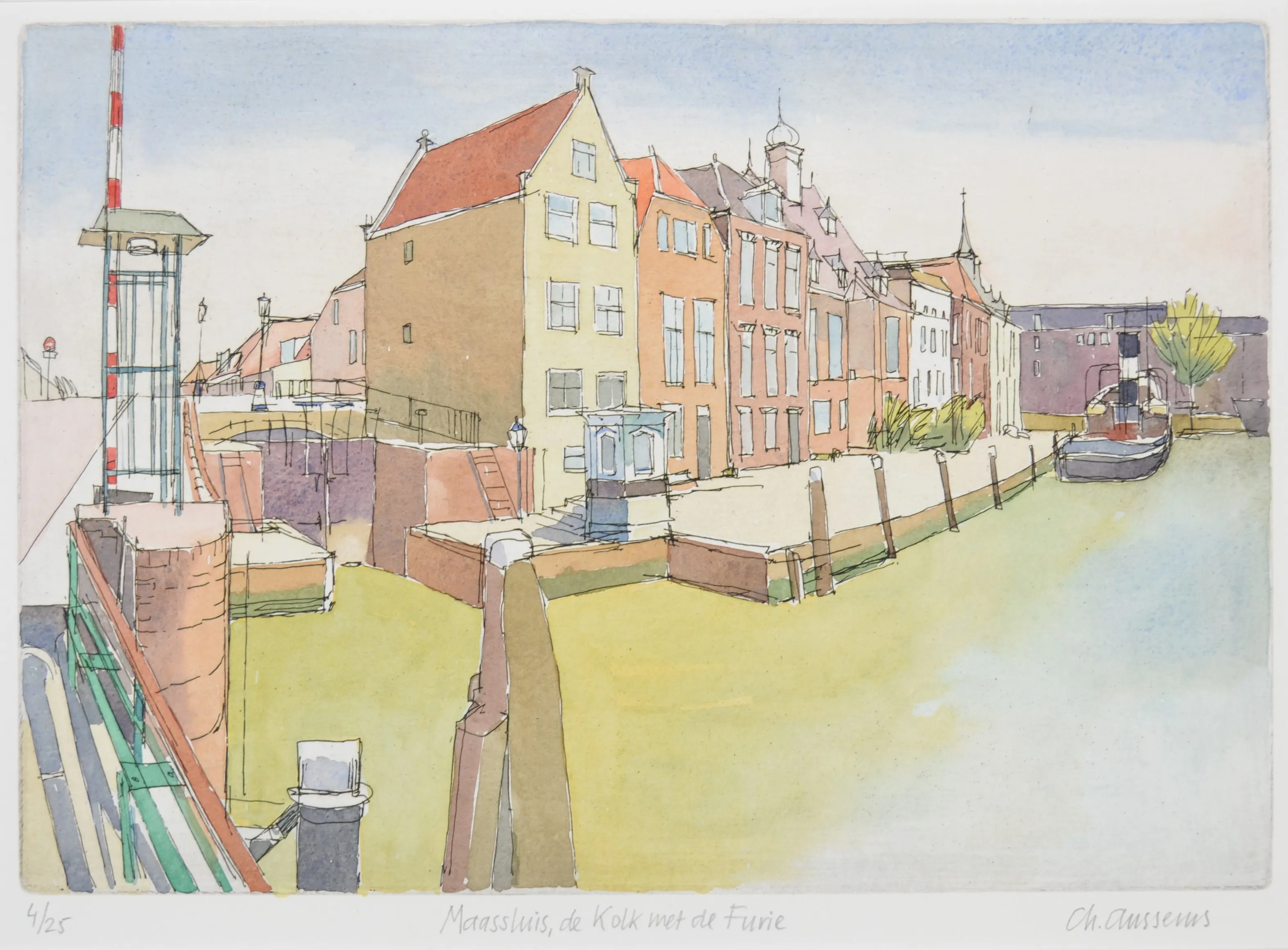 Watercolor painting of a canal lined with historic brick buildings and a moored boat in Maassluis, Netherlands.