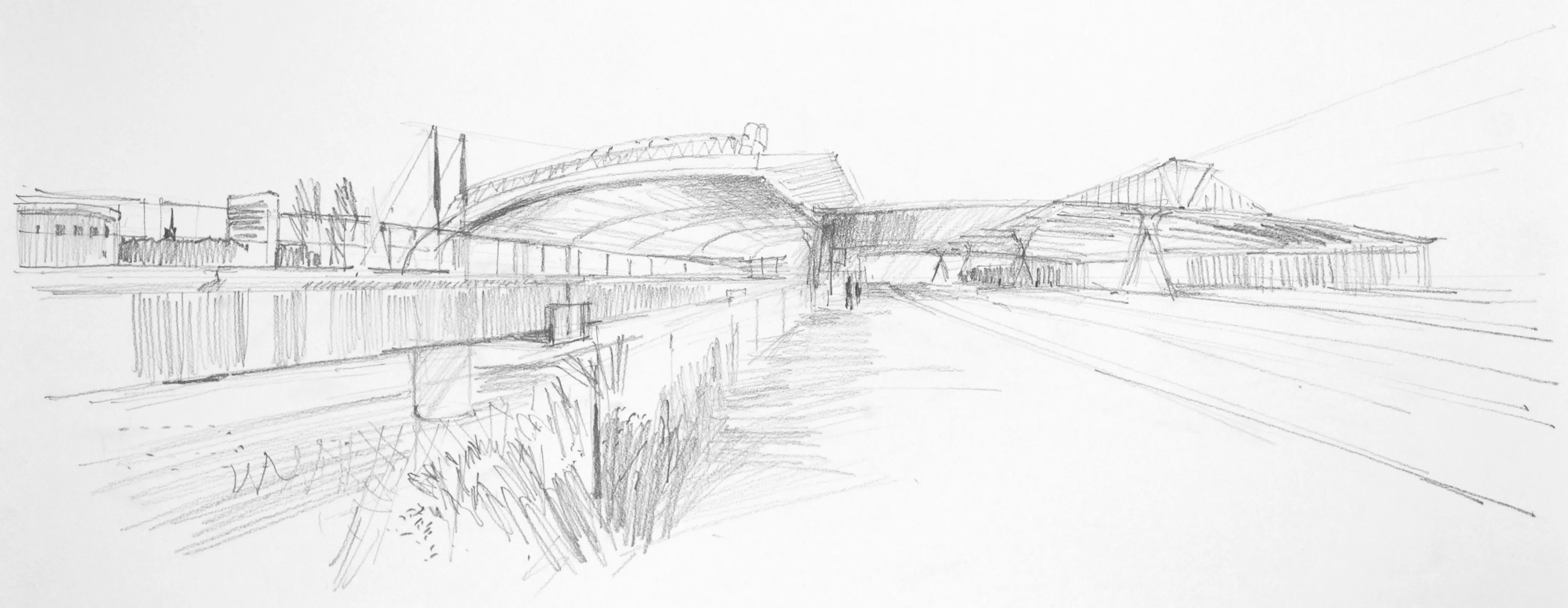 Pencil sketch of a modern train station with large covered platforms and minimalistic architectural details.